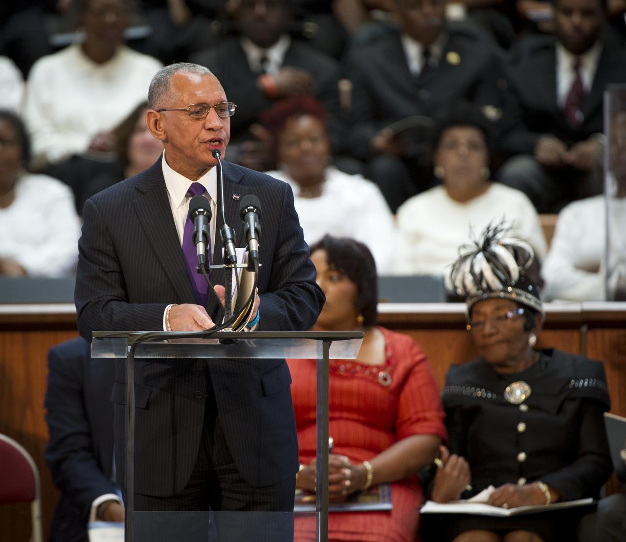 NASA Administrator Charles Bolden speaks and delivers greetings from President Obama at the 44th annual Martin Luther King, Jr. Commemorative Service on Monday, Jan. 16, 2012 at Ebenezer Baptist Church in Atlanta. Photo Credit: (NASA/Bill Ingalls)