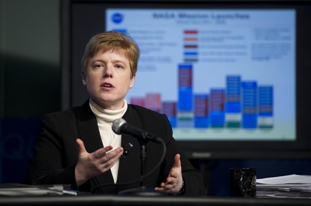NASA Chief Financial Officer Elizabeth Robinson delivers an overview briefing on NASA's fiscal year 2013 budget, Monday, Feb. 13, 2012 at NASA Headquarters in Washington. Photo Credit: (NASA/Bill Ingalls)