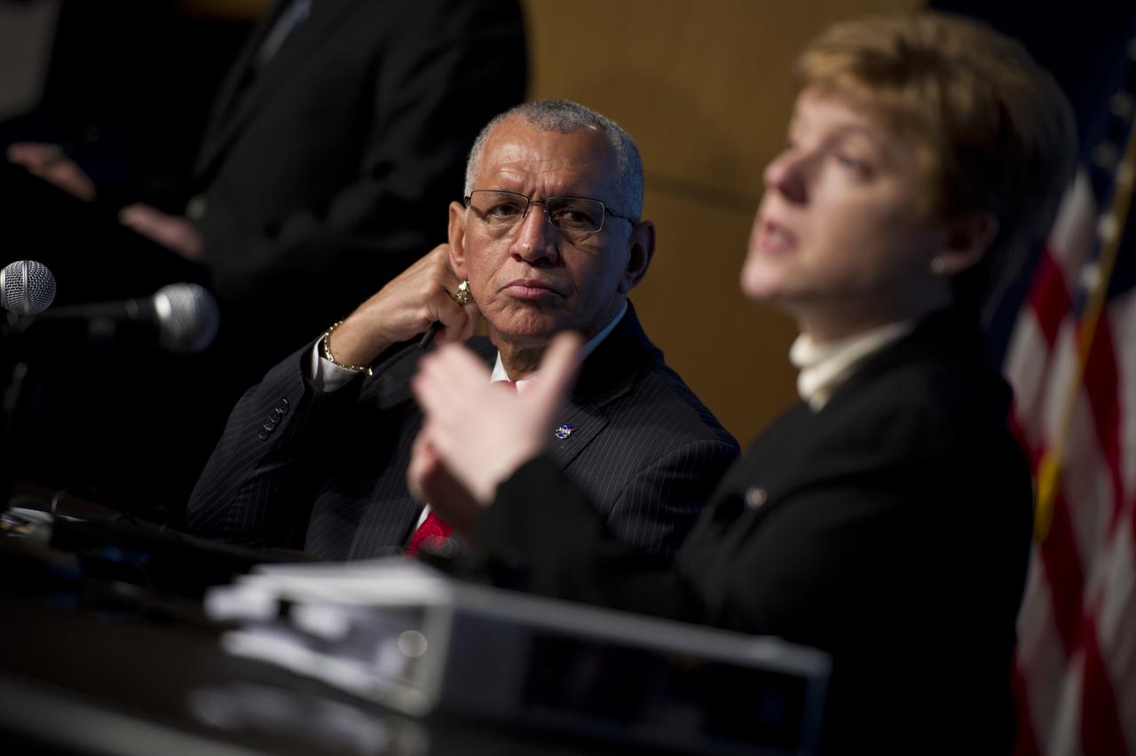 NASA Administrator Charles Bolden listens as NASA Chief Financial Officer Elizabeth Robinson delivers an overview briefing on NASA's fiscal year 2013 budget, Monday, Feb. 13, 2012 at NASA Headquarters in Washington. Photo Credit: (NASA/Bill Ingalls)