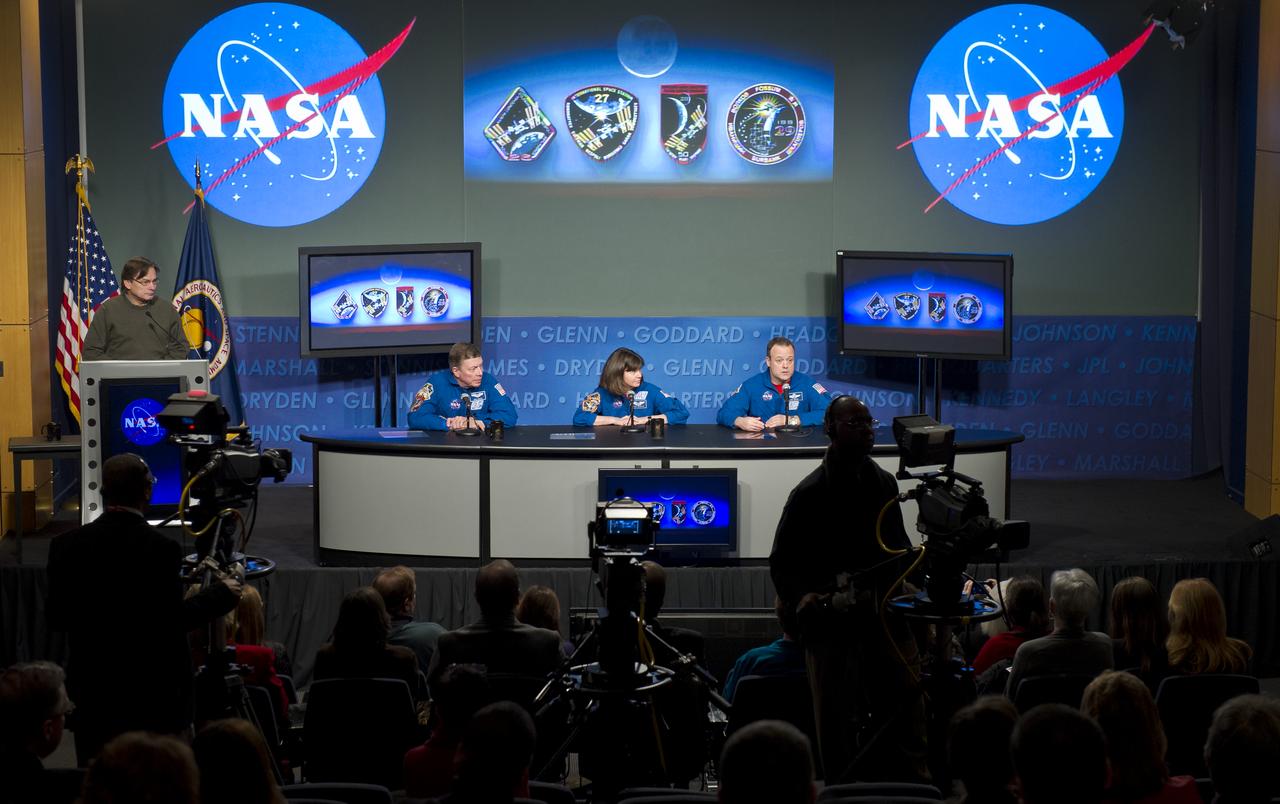 Astronaut Ron Garan, far right, Expedition 27 & 28 flight engineer, discusses his mission to the International Space Station during a visit to NASA Headquarters in Washington, Tuesday, Feb. 14, 2012.  Garan is joined by astronauts Catherine Coleman, center, and Mike Fossum.  Coleman was a flight engineer on Expeditions 26 & 27, and Fossum was a flight engineer on Expedition 28 and Expedition 29 Commander.  Photo Credit:  (NASA/Carla Cioffi)