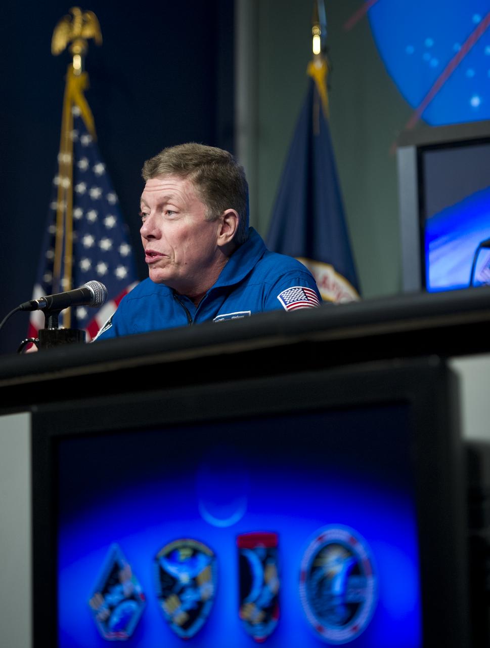 Astronaut Mike Fossum, Expedition 28 flight engineer and Expedition 29 Commander, discusses his mission to the International Space Station during a visit to NASA Headquarters in Washington, Tuesday, Feb. 14, 2012. Photo Credit: (NASA/Carla Cioffi)