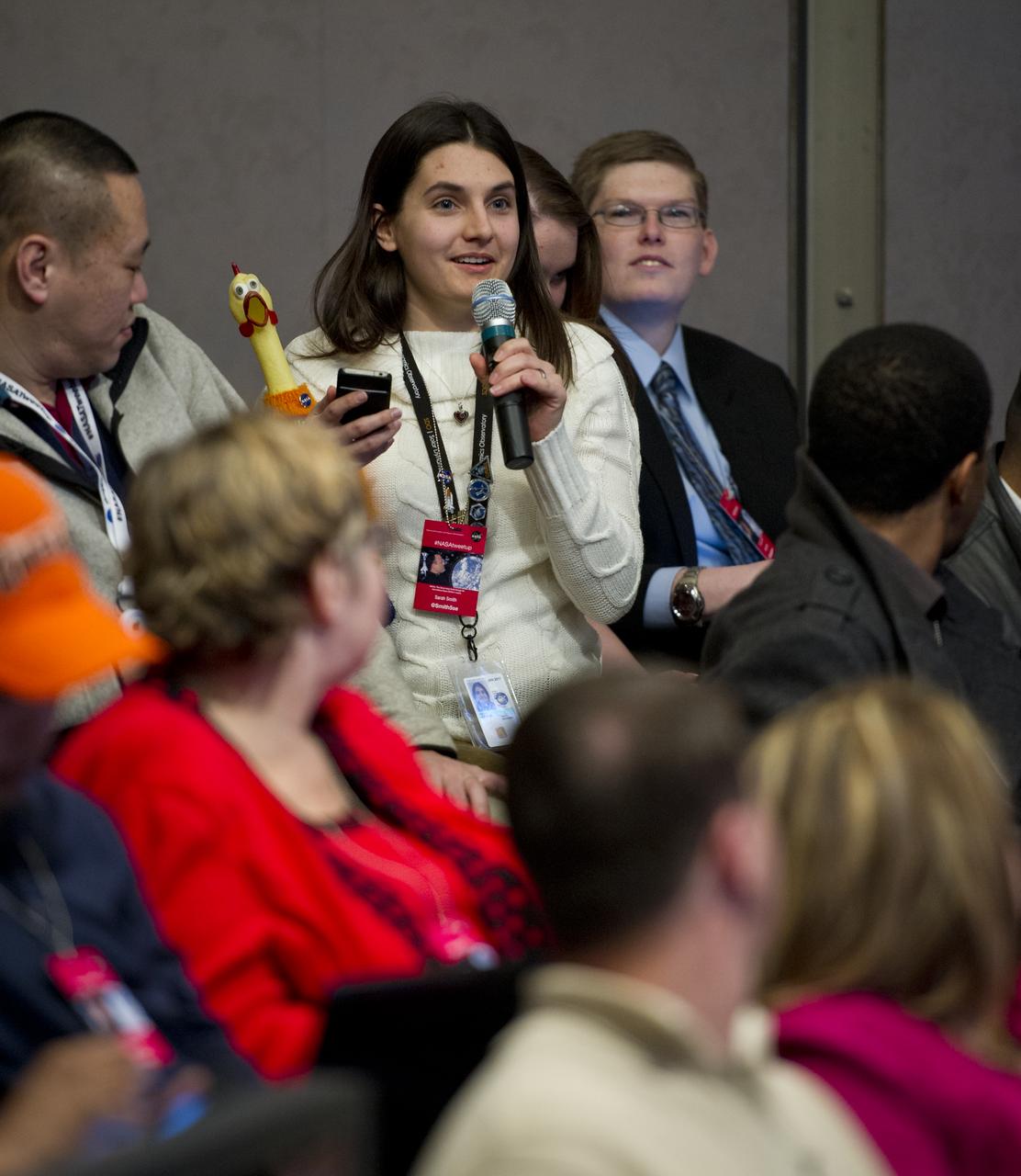 NASA Twitter follower Sarah Smith, Twitter handle @smith5se, asks a question at a Tweetup hosted by astronaut Ron Garan at NASA Headquarters in Washington, Tuesday, Feb. 14, 2012.  Photo Credit: (NASA/Carla Cioffi)