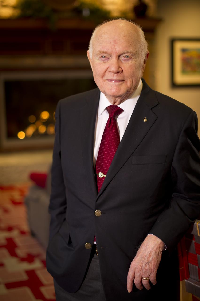 Sen. John Glenn poses for a portrait shortly after doing live television interviews from the Ohio State University Union building on Monday, Feb. 20, 2012, in Columbus, Ohio.  Today marks the 50th anniversary of his historic flight. Glenn was the first American to orbit Earth.  Photo Credit: (NASA/Bill Ingalls)