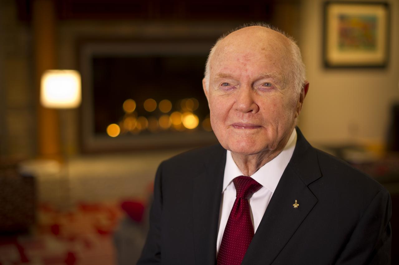 Sen. John Glenn poses for a portrait shortly after doing live television interviews from the Ohio State University Union building on Monday, Feb. 20, 2012, in Columbus, Ohio.  Today marks the 50th anniversary of his historic flight. Glenn was the first American to orbit Earth.  Photo Credit: (NASA/Bill Ingalls)