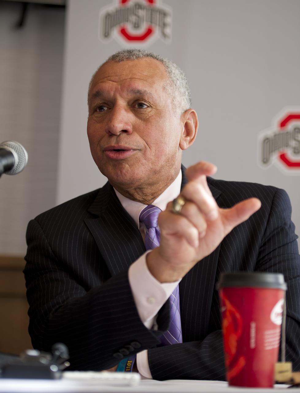 NASA Administrator Charles Bolden answers a question from the press during a briefing at Ohio State University on Monday, Feb. 20, 2012, in Columbus, Ohio. Today marks the 50th anniversary of Glenn's historic flight. Glenn was the first American to orbit Earth. Photo Credit: (NASA/Bill Ingalls)