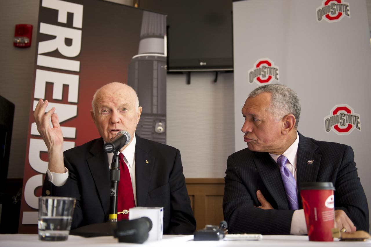 Sen. John Glenn, left, and NASA Administrator Charles Bolden address questions from the press during a briefing at Ohio State University on Monday, Feb. 20, 2012, in Columbus, Ohio.  Today marks the 50th anniversary of Glenn's historic flight. Glenn was the first American to orbit Earth.  Photo Credit: (NASA/Bill Ingalls)