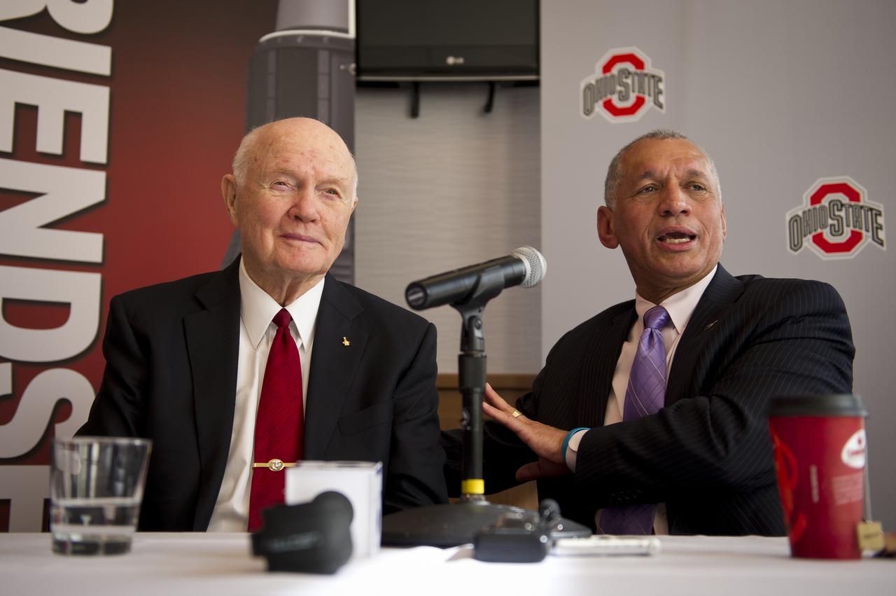 Sen. John Glenn, left, and NASA Administrator Charles Bolden address questions from the press during a briefing at Ohio State University on Monday, Feb. 20, 2012, in Columbus, Ohio.  Today marks the 50th anniversary of Glenn's historic flight. Glenn was the first American to orbit Earth.  Photo Credit: (NASA/Bill Ingalls)
