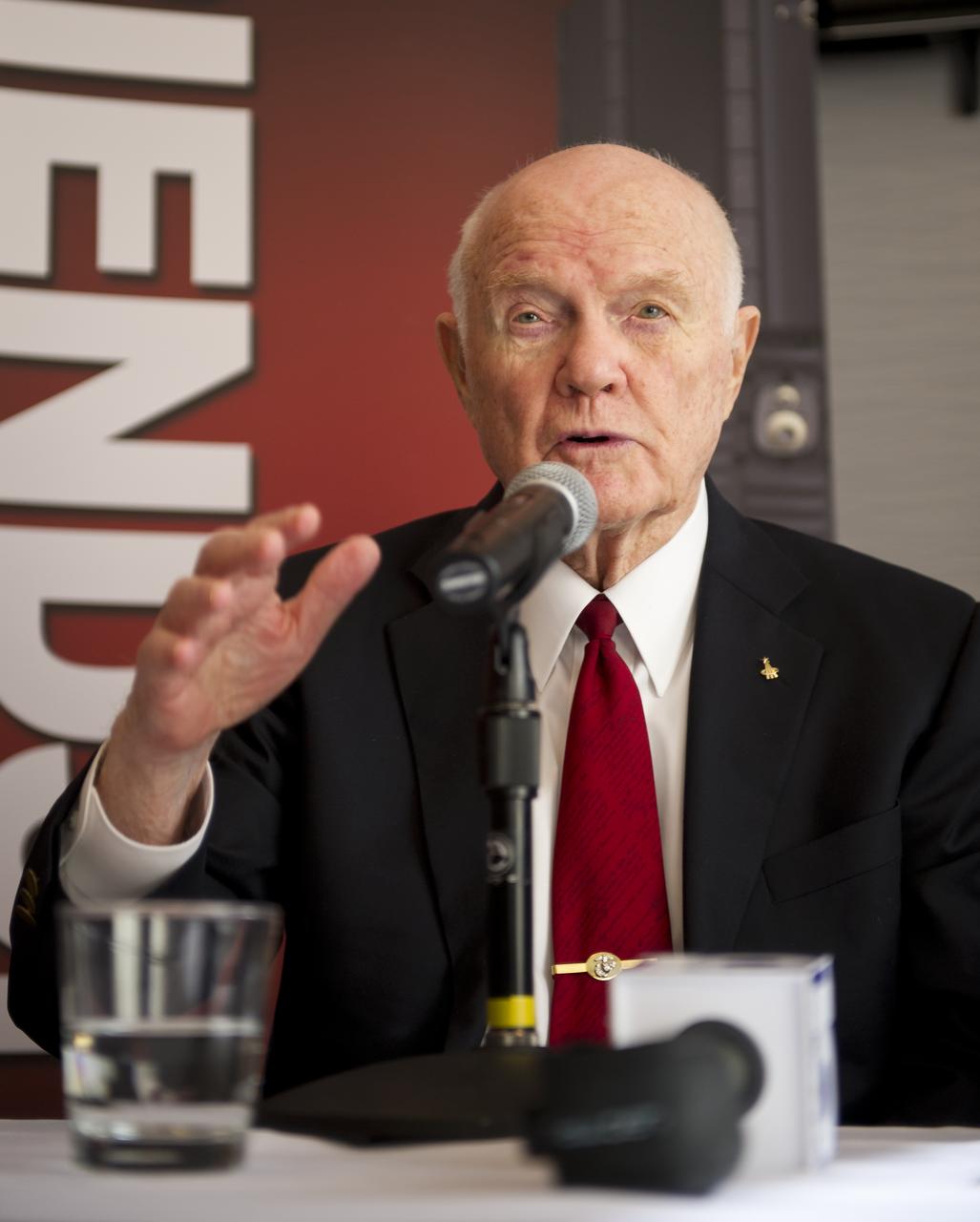 Sen. John Glenn address questions from the press during a briefing at Ohio State University on Monday, Feb. 20, 2012, in Columbus, Ohio.  Today marks the 50th anniversary of Glenn's historic flight. Glenn was the first American to orbit Earth.  Photo Credit: (NASA/Bill Ingalls)
