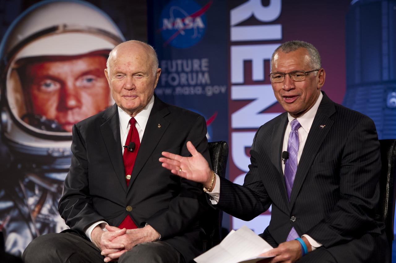 Sen. John Glenn, left, and NASA Administrator Charles Bolden speak to guest at NASA's Future Forum at Ohio State University on Monday, Feb. 20, 2012, in Columbus, Ohio.  Today marks the 50th anniversary of Glenn's historic flight. Glenn was the first American to orbit Earth.  Photo Credit: (NASA/Bill Ingalls)