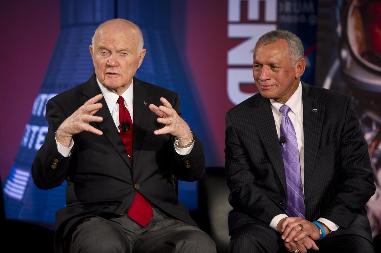 Sen. John Glenn, left, and NASA Administrator Charles Bolden speak to guest at NASA's Future Forum at Ohio State University on Monday, Feb. 20, 2012, in Columbus, Ohio.  Today marks the 50th anniversary of Glenn's historic flight. Glenn was the first American to orbit Earth.  Photo Credit: (NASA/Bill Ingalls)