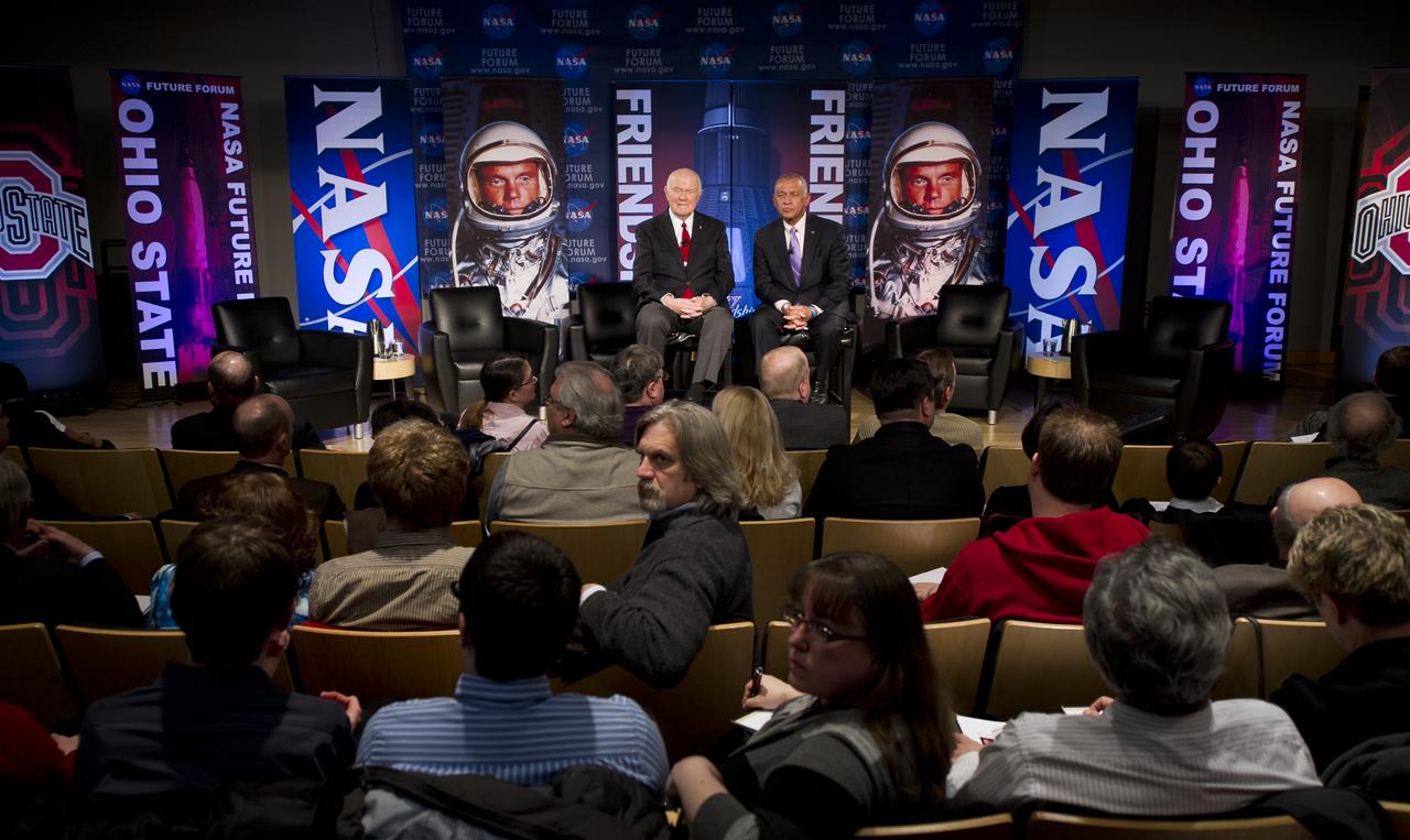 Sen. John Glenn, left, and NASA Administrator Charles Bolden speak to guest at NASA's Future Forum at Ohio State University on Monday, Feb. 20, 2012, in Columbus, Ohio.  Today marks the 50th anniversary of Glenn's historic flight. Glenn was the first American to orbit Earth.  Photo Credit: (NASA/Bill Ingalls)
