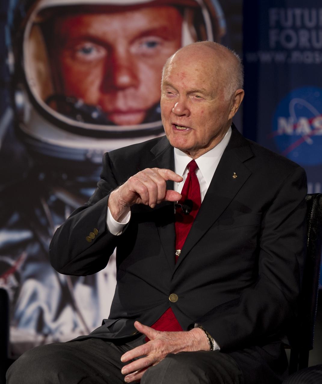 Sen. John Glenn speaks to guest at NASA's Future Forum at Ohio State University on Monday, Feb. 20, 2012, in Columbus, Ohio.  Today marks the 50th anniversary of Glenn's historic flight. Glenn was the first American to orbit Earth.  Photo Credit: (NASA/Bill Ingalls)