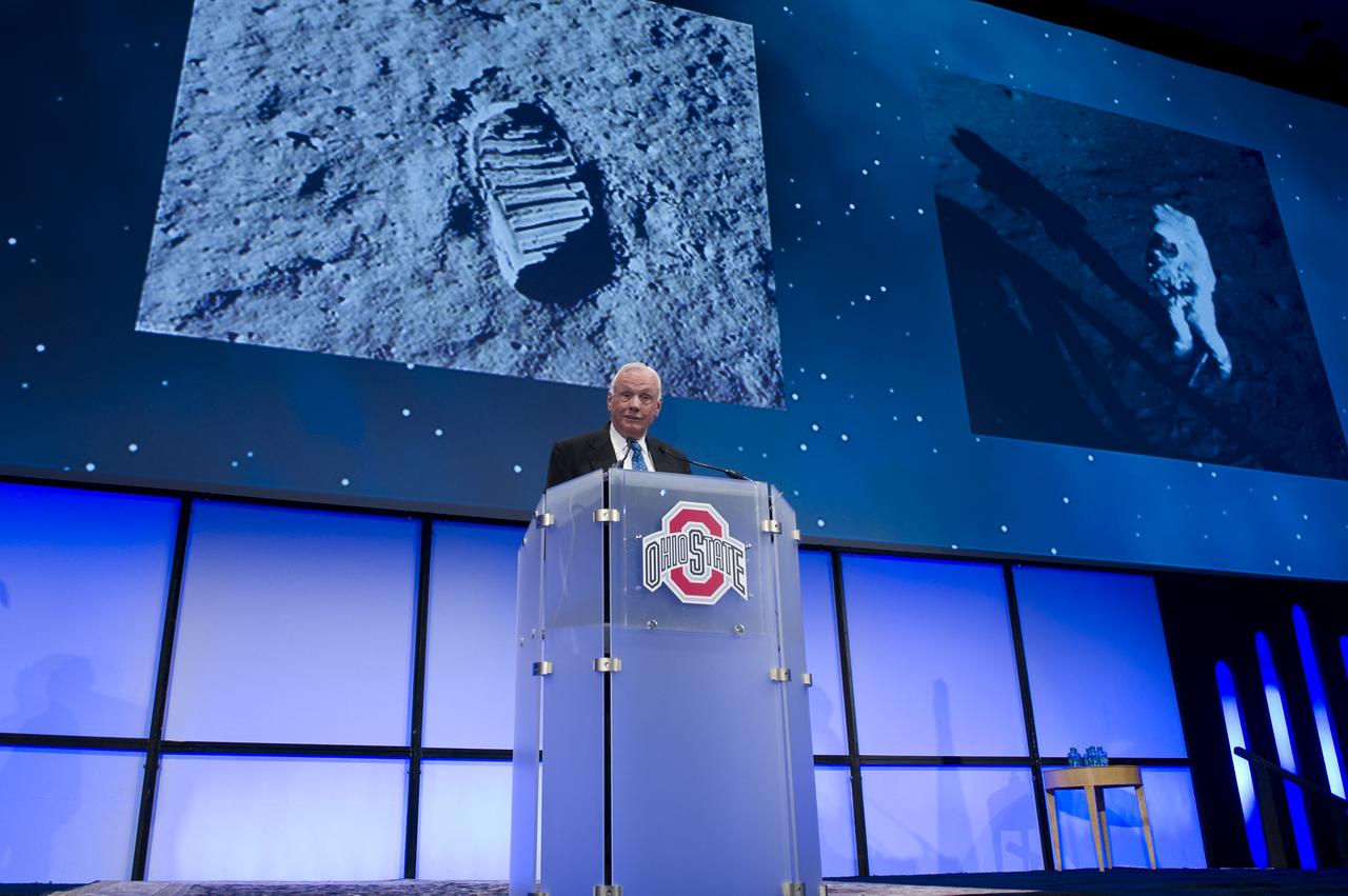Apollo 11 Astronaut Neil Armstrong speaks during a celebration dinner at Ohio State University honoring the 50th anniversary of John Glenn's historic flight aboard Friendship 7 Monday, Feb. 20, 2012, in Columbus, Ohio. Glenn was the first American to orbit Earth.  Photo Credit: (NASA/Bill Ingalls)