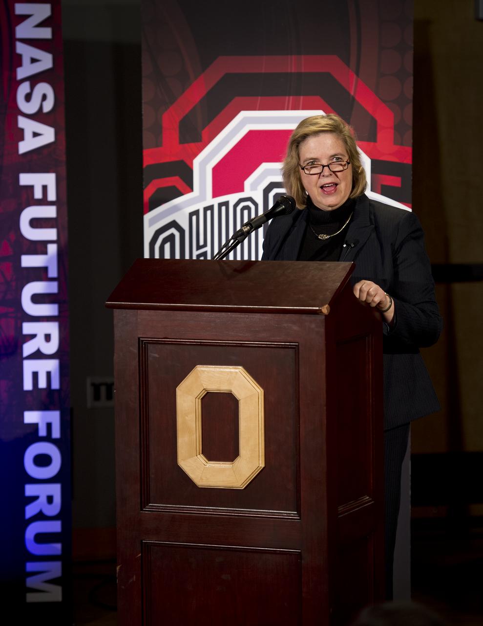 The Ohio State University Vice President for Research Dr. Caroline Whitacre kicks off the first panel discussion during NASA's Future Forum at The Ohio State University on Monday, Feb. 20, 2012, in Columbus, Ohio.  Monday marked the 50th anniversary of Glenn's historic flight as the first American to orbit Earth.  Photo Credit: (NASA/Bill Ingalls)