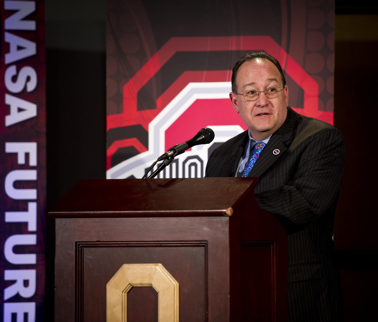 NASA Glenn Research Center Director Ray Lugo moderates a panel discussion with Sen. John Glenn titled "Learning from the Past to Innovate for the Future" during a NASA Future Forum held at The Ohio State University on Monday, Feb. 20, 2012, in Columbus, Ohio.  Monday marked the 50th anniversary of Glenn's historic flight as the first American to orbit Earth.  Photo Credit: (NASA/Bill Ingalls)