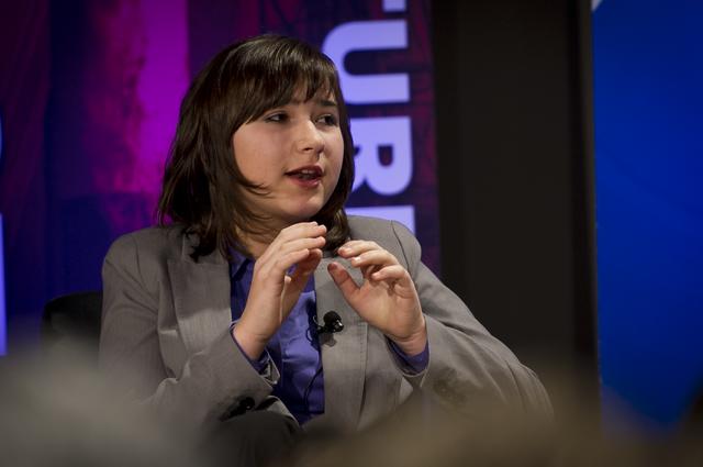 Dayton Regional STEM student Cheyenne Benson talks during the NASA Future Forum Inspiration and Education Panel at The Ohio State University on Monday, Feb. 20, 2012, in Columbus, Ohio.  The NASA Future Forum features panel discussions on the importance of education to our nation's future in space, the benefit of commercialized space technology to our economy and lives here on Earth, and the shifting roles for the public, commercial and international communities in space. Photo Credit: (NASA/Bill Ingalls)