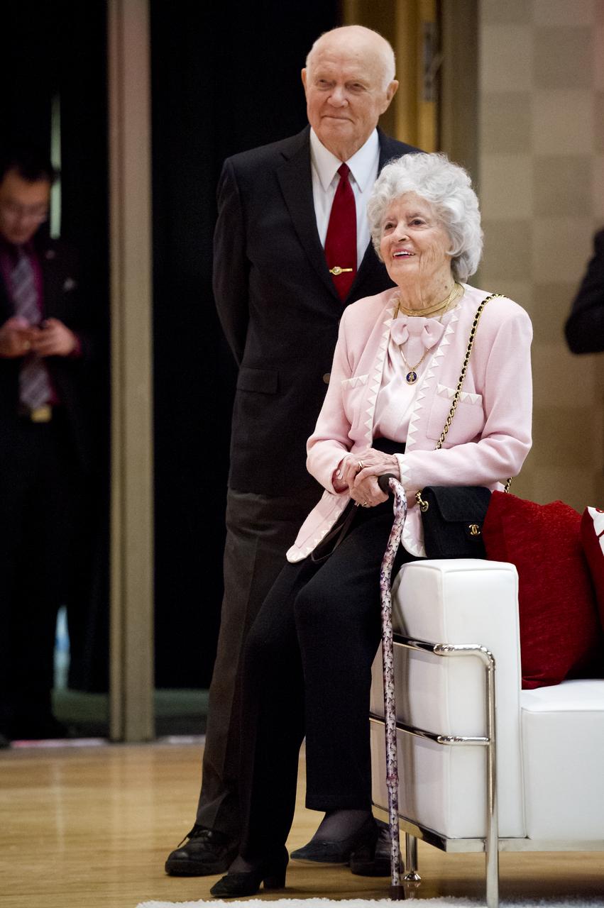 Sen. John Glenn and his wife Annie listen to speakers during a reception at Ohio State University honoring the 50th anniversary of John Glenn's historic flight aboard Friendship 7 Monday, Feb. 20, 2012, in Columbus, Ohio. Glenn was the first American to orbit Earth.  Photo Credit: (NASA/Bill Ingalls)