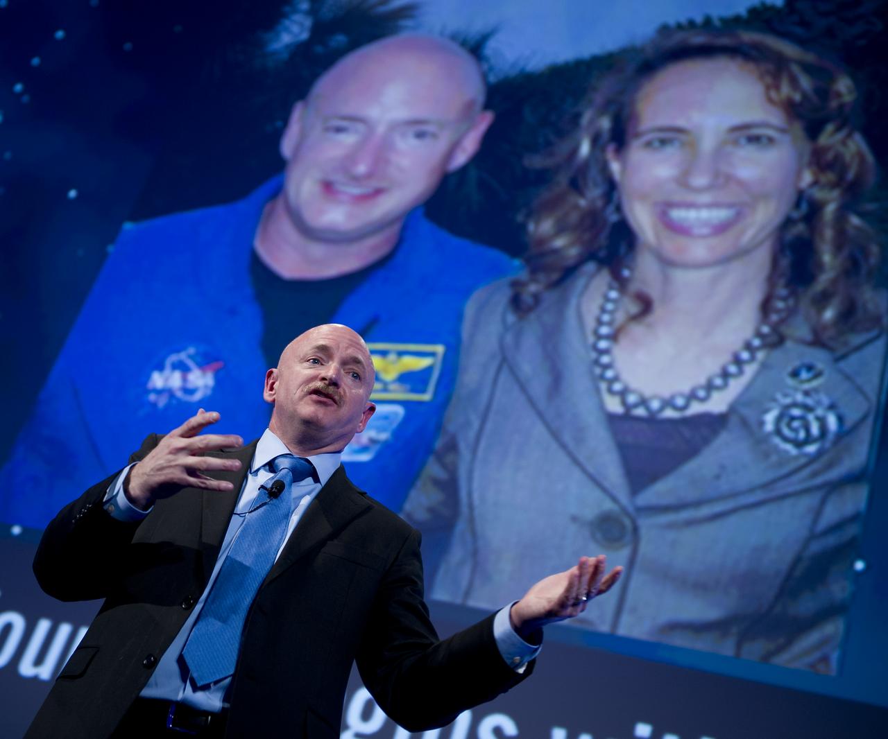 Captain Mark Kelly, commander of the space shuttle Endeavour’s final mission and husband of retired U.S. Representative Gabrielle Giffords, gives the keynote address during a celebration dinner at Ohio State University honoring the 50th anniversary of John Glenn's historic flight aboard Friendship 7 Monday, Feb. 20, 2012, in Columbus, Ohio. Glenn was the first American to orbit Earth. Photo Credit: (NASA/Bill Ingalls)