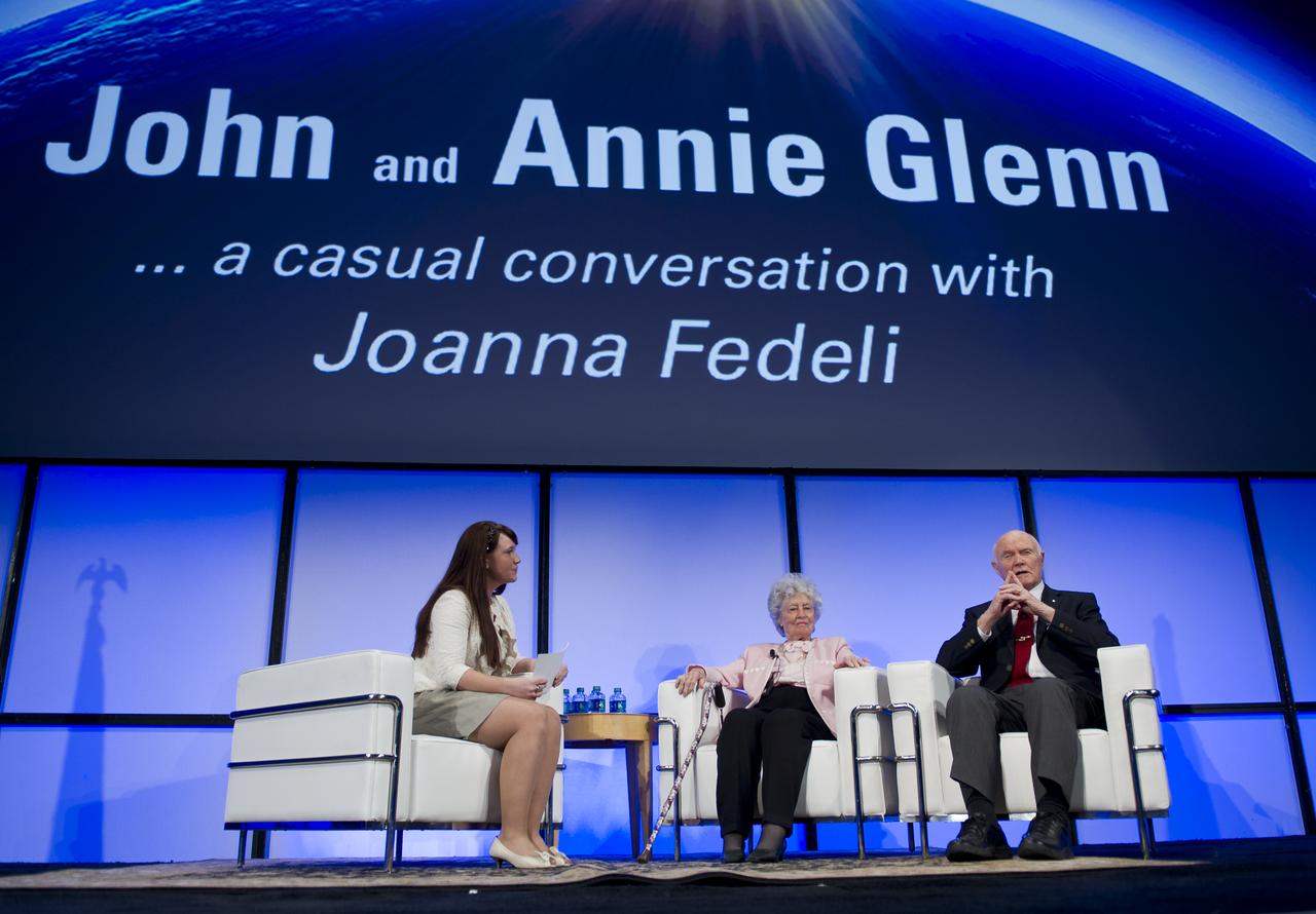 Ohio State University student Joanna Fedeli interviews Sen. John Glenn and his wife Annie during a celebration dinner at Ohio State University honoring the 50th anniversary of John Glenn's historic flight aboard Friendship 7 Monday, Feb. 20, 2012, in Columbus, Ohio. Glenn was the first American to orbit Earth.  Photo Credit: (NASA/Bill Ingalls)