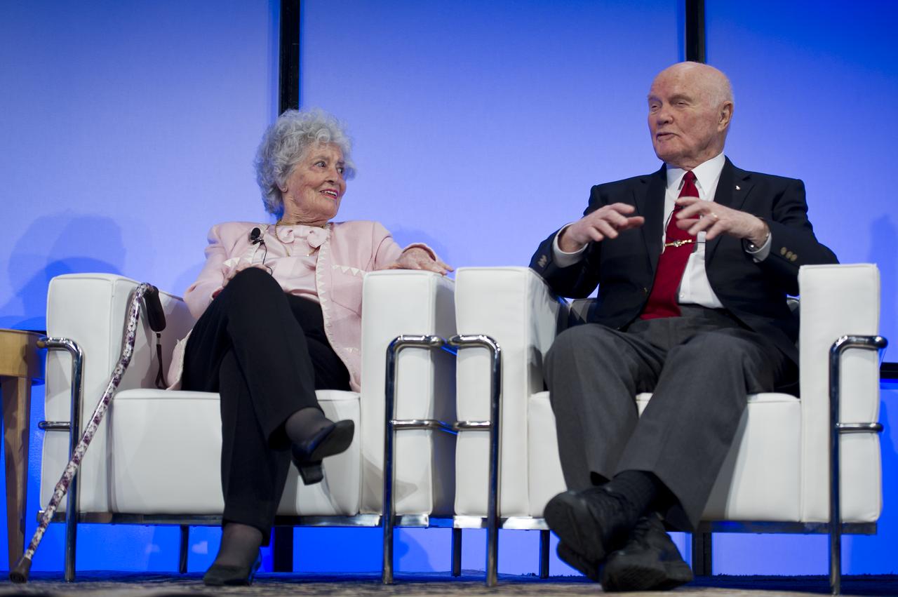 Sen. John Glenn and his wife Annie talk during a celebration dinner at The Ohio State University honoring the 50th anniversary of John Glenn's historic flight aboard Friendship 7 Monday, Feb. 20, 2012, in Columbus, Ohio. Glenn was the first American to orbit Earth. Photo Credit: (NASA/Bill Ingalls)