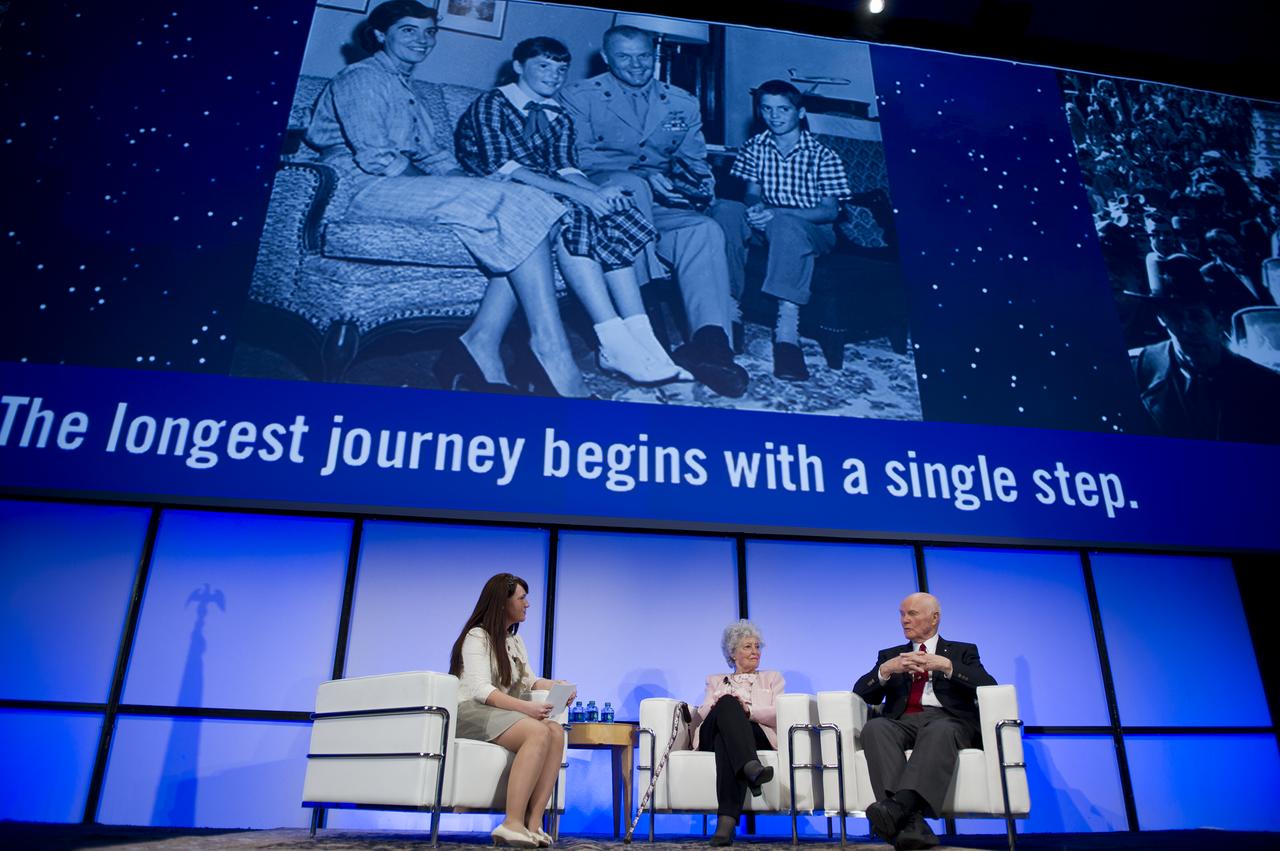 Ohio State University student Joanna Fedeli interviews Sen. John Glenn and his wife Annie during a celebration dinner at Ohio State University honoring the 50th anniversary of John Glenn's historic flight aboard Friendship 7 Monday, Feb. 20, 2012, in Columbus, Ohio. Glenn was the first American to orbit Earth.  Photo Credit: (NASA/Bill Ingalls)