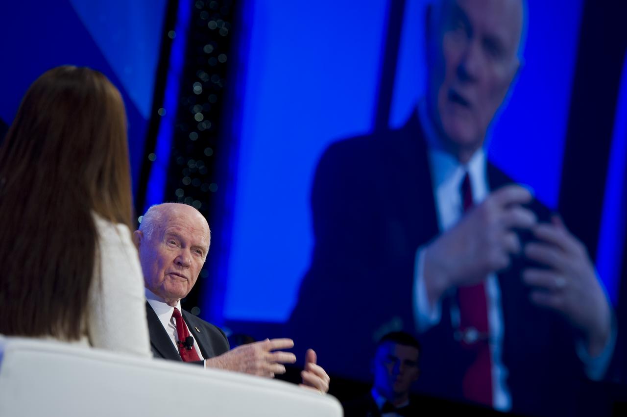 Sen. John Glenn talks on stage during a celebration dinner at The Ohio State University honoring the 50th anniversary of John Glenn's historic flight aboard Friendship 7 Monday, Feb. 20, 2012, in Columbus, Ohio. Glenn was the first American to orbit Earth. Photo Credit: (NASA/Bill Ingalls)