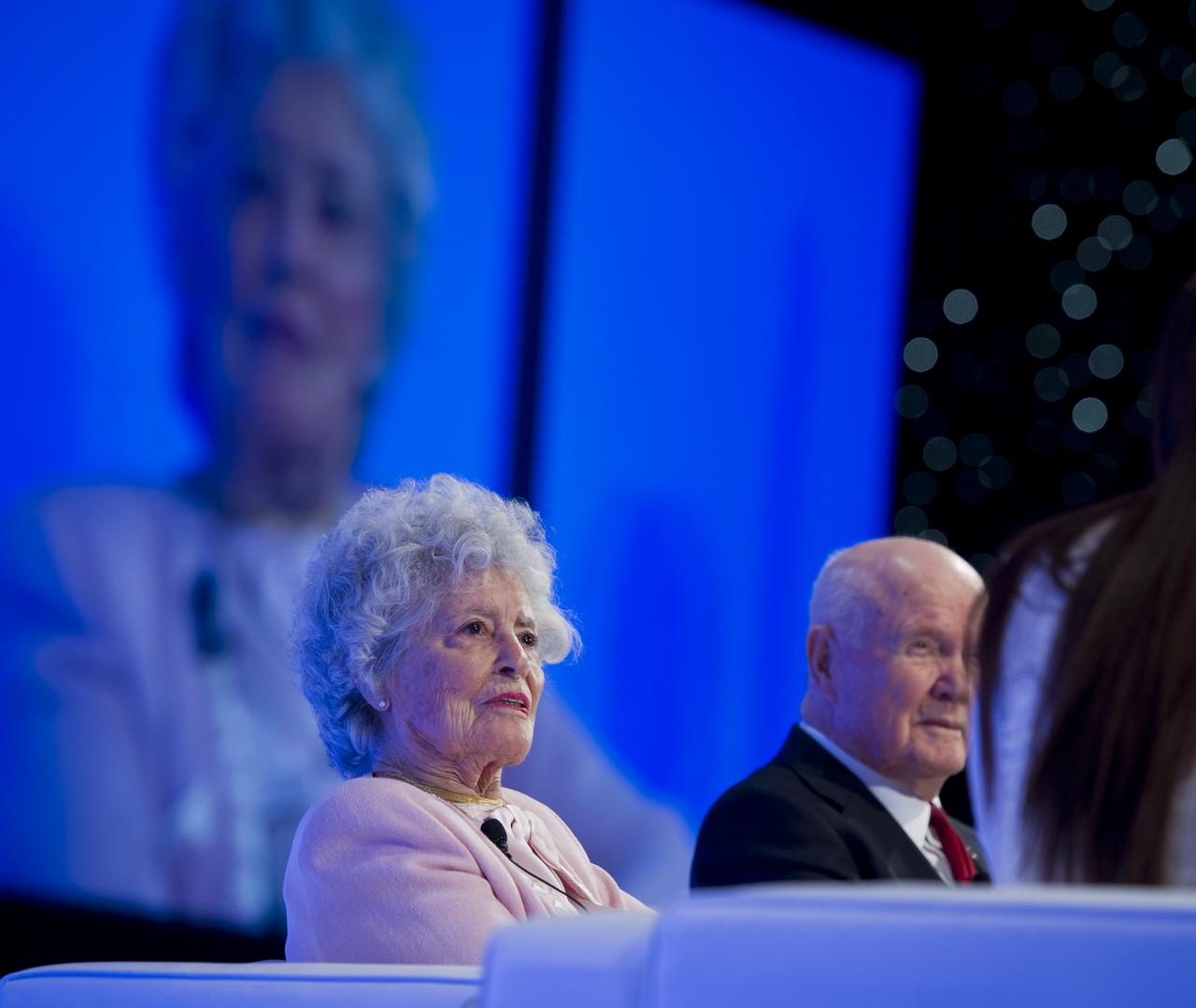 Sen. John Glenn's wife Annie listens to an interviewers question during a celebration dinner at The Ohio State University honoring the 50th anniversary of John Glenn's historic flight aboard Friendship 7 Monday, Feb. 20, 2012, in Columbus, Ohio. Glenn was the first American to orbit Earth.  Photo Credit: (NASA/Bill Ingalls)