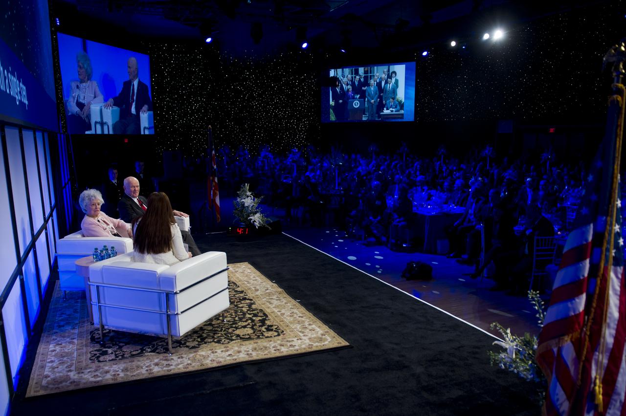 Ohio State University student Joanna Fedeli interviews Sen. John Glenn and his wife Annie during a celebration dinner at Ohio State University honoring the 50th anniversary of John Glenn's historic flight aboard Friendship 7 Monday, Feb. 20, 2012, in Columbus, Ohio. Glenn was the first American to orbit Earth.  Photo Credit: (NASA/Bill Ingalls)