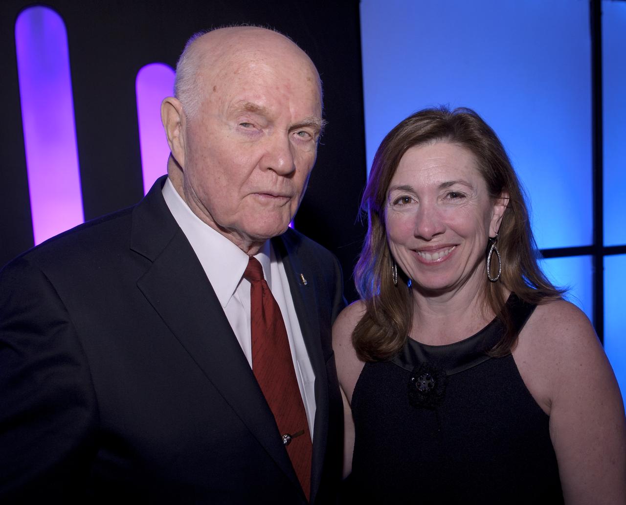 Sen. John Glenn and NASA Deputy Administrator Lori Garver pose for a photograph during a celebration dinner at Ohio State University honoring the 50th anniversary of John Glenn's historic flight aboard Friendship 7 Monday, Feb. 20, 2012, in Columbus, Ohio. Glenn was the first American to orbit Earth.  Photo Credit: (NASA/Bill Ingalls)