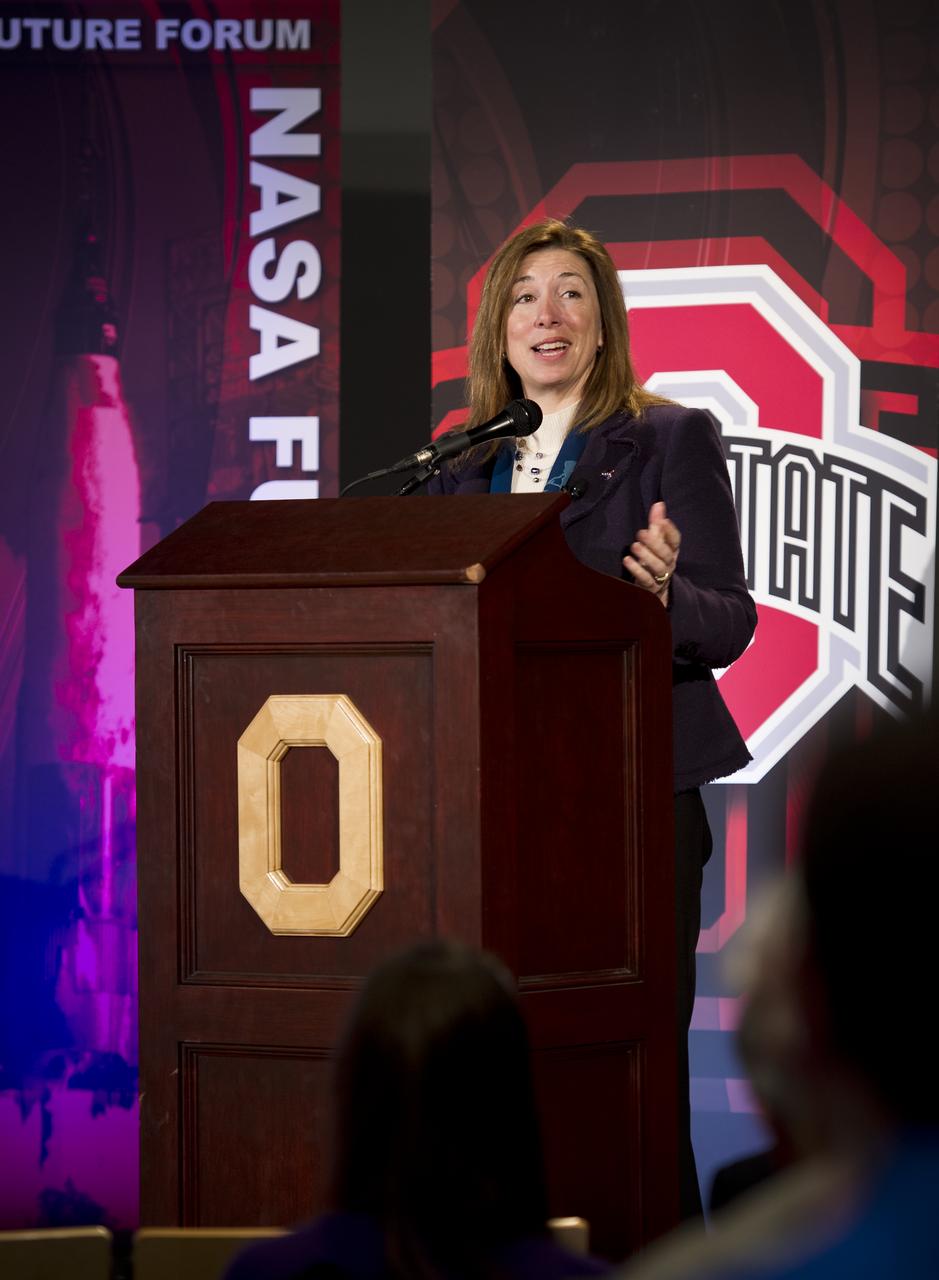 NASA Deputy Administrator Lori Garver speaks during the NASA Future Forum at The Ohio State University on Tuesday, Feb. 21, 2012 in Columbus, Ohio. The NASA Future Forum features panel discussions on the importance of education to our nation's future in space, the benefit of commercialized space technology to our economy and lives here on Earth, and the shifting roles for the public, commercial and international communities in space. Photo Credit: (NASA/Bill Ingalls)