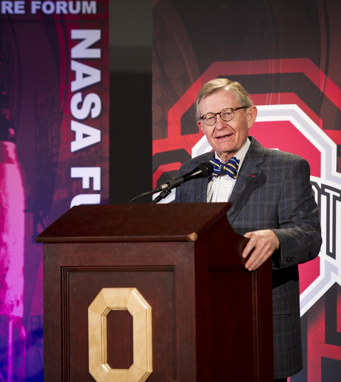 The Ohio State University President E. Gordon Gee speaks during the NASA Future Forum at The Ohio State University on Tuesday, Feb. 21, 2012 in Columbus, Ohio. The NASA Future Forum features panel discussions on the importance of education to our nation's future in space, the benefit of commercialized space technology to our economy and lives here on Earth, and the shifting roles for the public, commercial and international communities in space. Photo Credit: (NASA/Bill Ingalls)