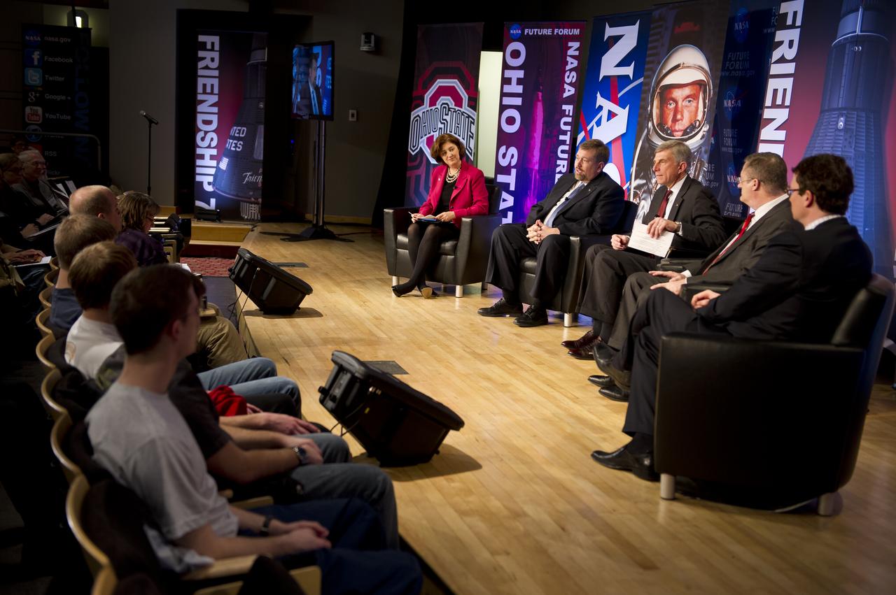 Laurie Leshin, dean of the School of Science, Rensselaer Polytechnic Institute, left, Mason Peck, NASA Chief Technologist, 2nd from left, Ron Sega, Vice president and enterprise executive for Energy and the Environment, The Ohio State University and Colorado State University, Michael Donovan, technology consultant, New Services Development, Hewlett-Packard Company, and, Jordan Hansell, chairman and CEO, NetJets Inc., right, participate in the NASA Future Forum panel titled "Importance of Technology, Science and Innovation for our Economic Future" at The Ohio State University on Tuesday, Feb. 21, 2012 in Columbus, Ohio. The NASA Future Forum features panel discussions on the importance of education to our nation's future in space, the benefit of commercialized space technology to our economy and lives here on Earth, and the shifting roles for the public, commercial and international communities in space. Photo Credit: (NASA/Bill Ingalls)