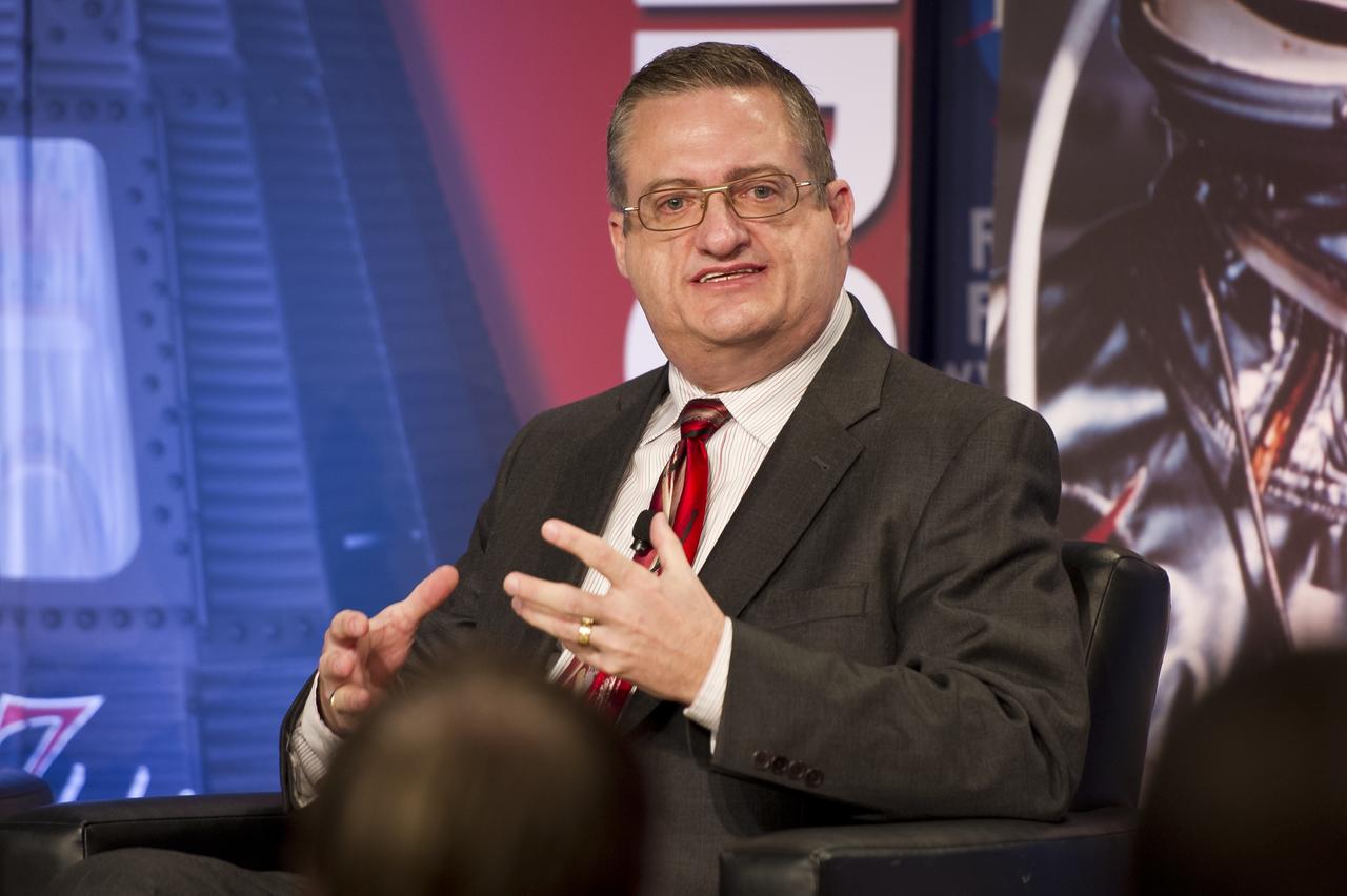 Michael Donovan, technology consultant, New Services Development, Hewlett-Packard Company talks during the NASA Future Forum panel titled "Importance of Technology, Science and Innovation for our Economic Future" at The Ohio State University on Tuesday, Feb. 21, 2012 in Columbus, Ohio. The NASA Future Forum features panel discussions on the importance of education to our nation's future in space, the benefit of commercialized space technology to our economy and lives here on Earth, and the shifting roles for the public, commercial and international communities in space. Photo Credit: (NASA/Bill Ingalls)