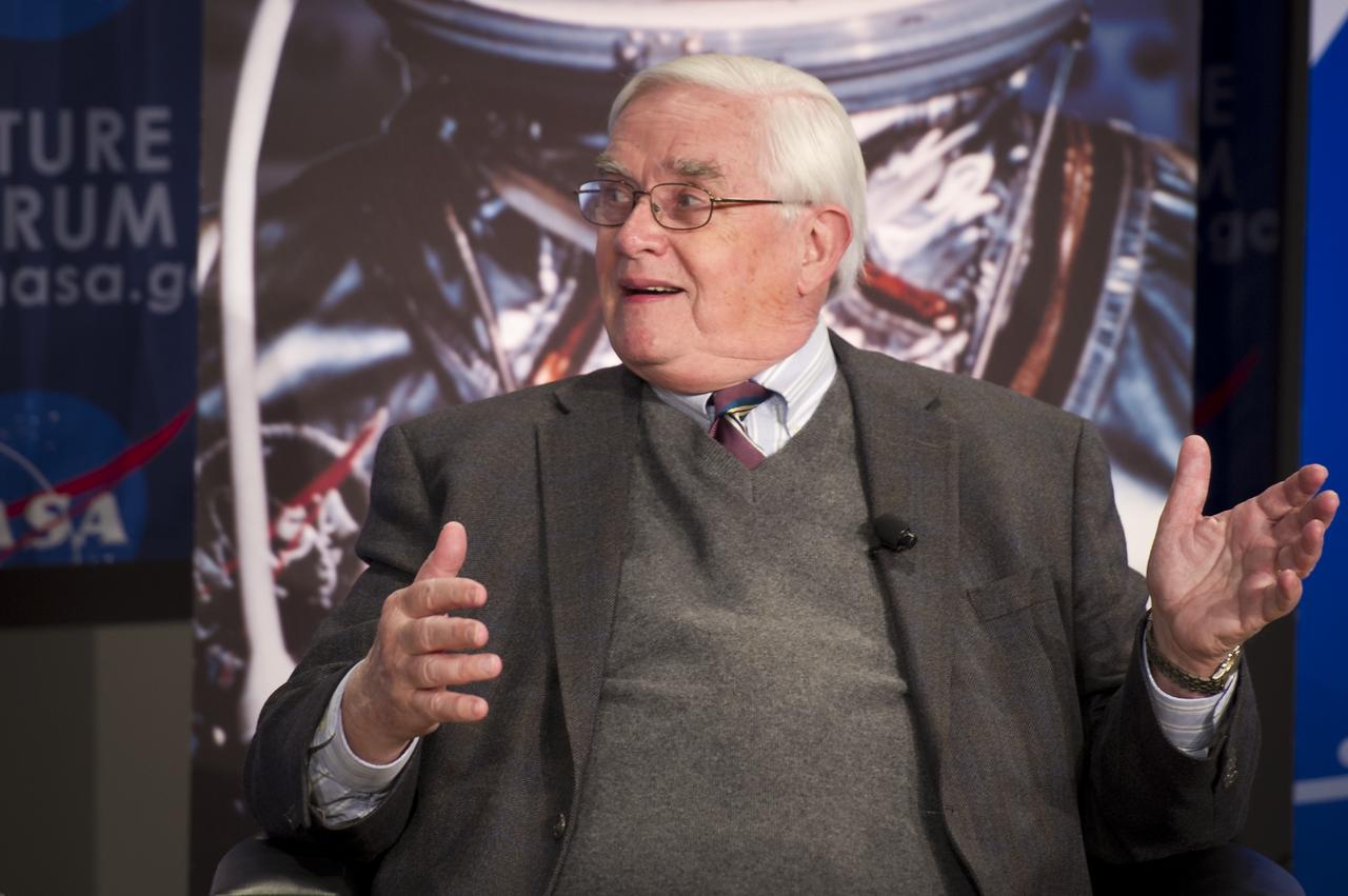 John Logsdon, professor emeritus of Political Science and International Affairs, Elliott School of International Affairs, George Washington University, talks during the NASA Future Forum panel titled "Shifting Roles for Public, Private, and International Players in Space" at The Ohio State University on Tuesday, Feb. 21, 2012 in Columbus, Ohio. The NASA Future Forum features panel discussions on the importance of education to our nation's future in space, the benefit of commercialized space technology to our economy and lives here on Earth, and the shifting roles for the public, commercial and international communities in space. Photo Credit: (NASA/Bill Ingalls)