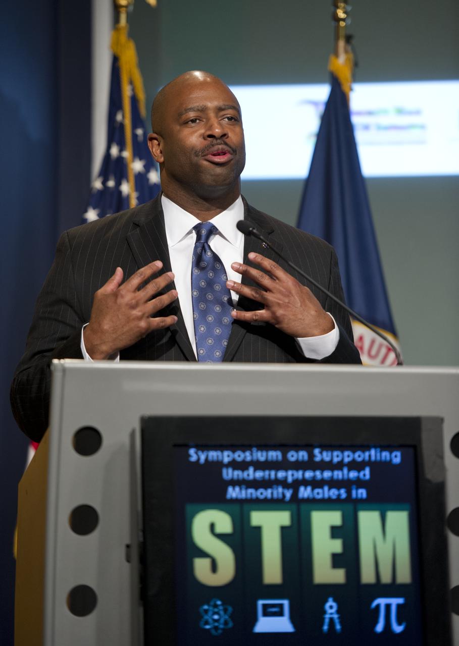 Leland Melvin, Associate Administrator, Office of Education and former astronaut, gives opening remarks at the Symposium on Supporting Underrepresented Minority Males in Science, Technology, Engineering and Mathematics (STEM), Tuesday, February 28, 2012 at NASA Headquarters in Washington.  Photo Credit:  (NASA/Carla Cioffi)