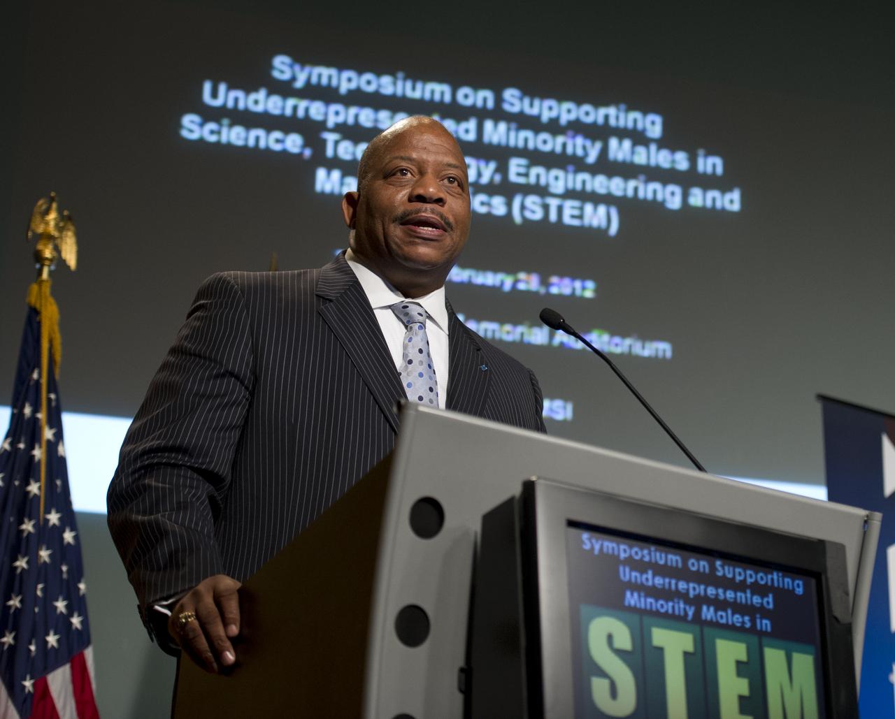 J. Keith Motley, Chancellor, University of Massachusetts Boston, and Chair, APLU (Association of Public and Land-grant Universities) Commission on Access, Diversity and Excellence, speaks at the Symposium on Supporting Underrepresented Minority Males in Science, Technology, Engineering and Mathematics (STEM), Tuesday, February 28, 2012 at NASA Headquarters in Washington.  Photo Credit:  (NASA/Carla Cioffi)