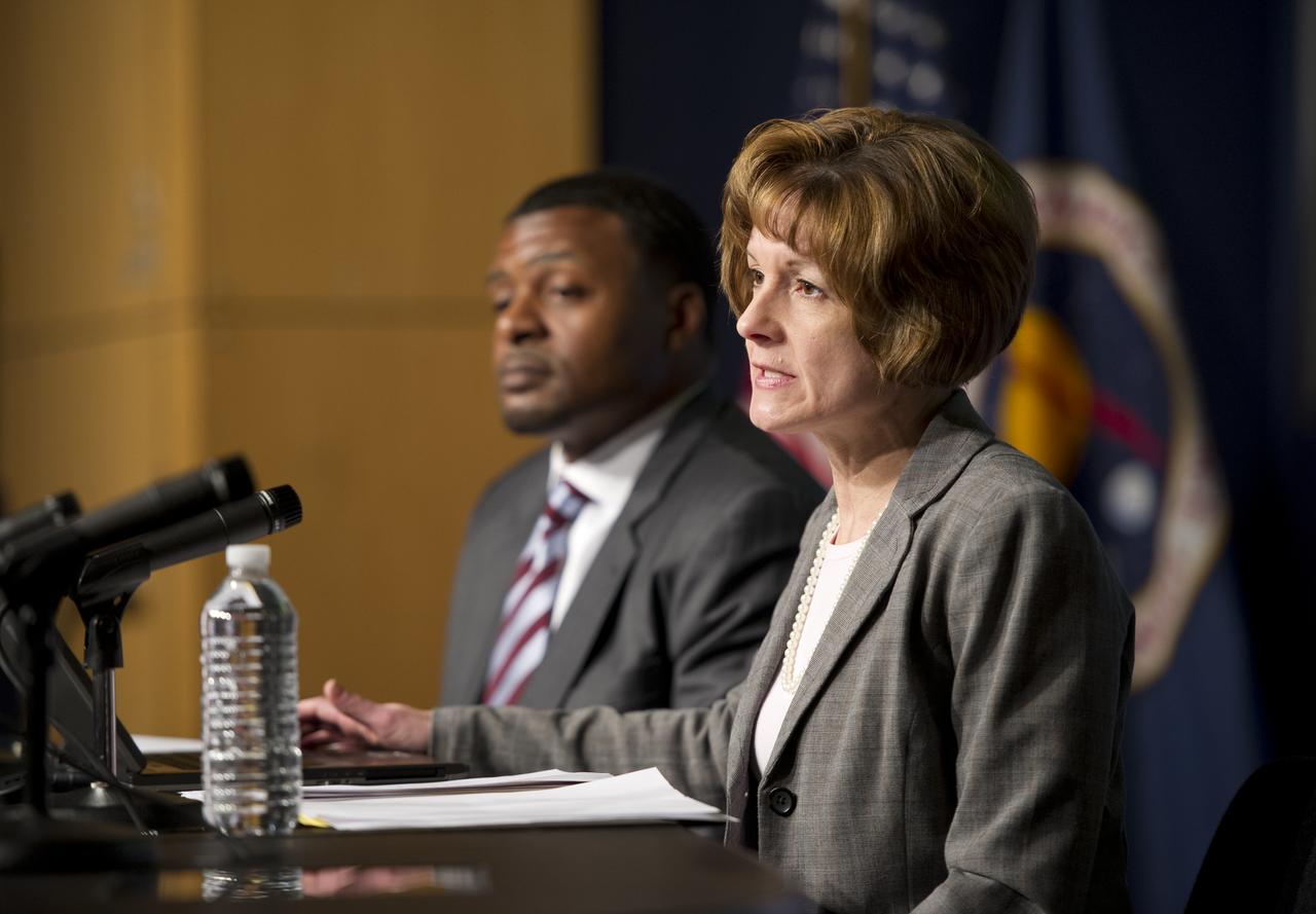 Christine Keller, Director of Research, APLU (Association of Public and Land-grant Universities) presents STEM initiative report findings at the Symposium on Supporting Underrepresented Minority Males in Science, Technology, Engineering and Mathematics (STEM), Tuesday, February 28, 2012 at NASA Headquarters in Washington.  Photo Credit:  (NASA/Carla Cioffi)