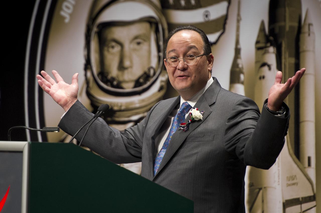 NASA Glenn Research Center Director Ray Lugo welcomes guest to an event celebrating John Glenn's legacy and 50 years of americans in orbit held at the Cleveland State University Wolstein Center on Friday, March 3, 2012 in Cleveland, Ohio.  Glenn became the first American to orbit Earth in 1962.  Photo Credit: (NASA/Bill Ingalls)