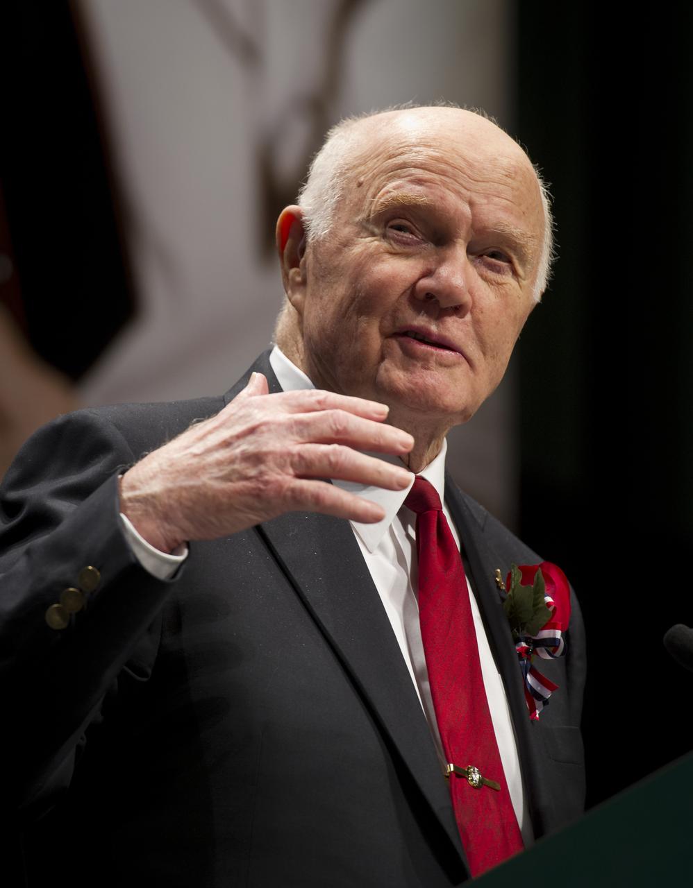 Sen. John Glenn gives remarks at an event celebrating his legacy and 50 years of americans in orbit held at the Cleveland State University Wolstein Center on Friday, March 3, 2012 in Cleveland, Ohio. Glenn became the first American to orbit Earth in 1962.  Photo Credit: (NASA/Bill Ingalls)