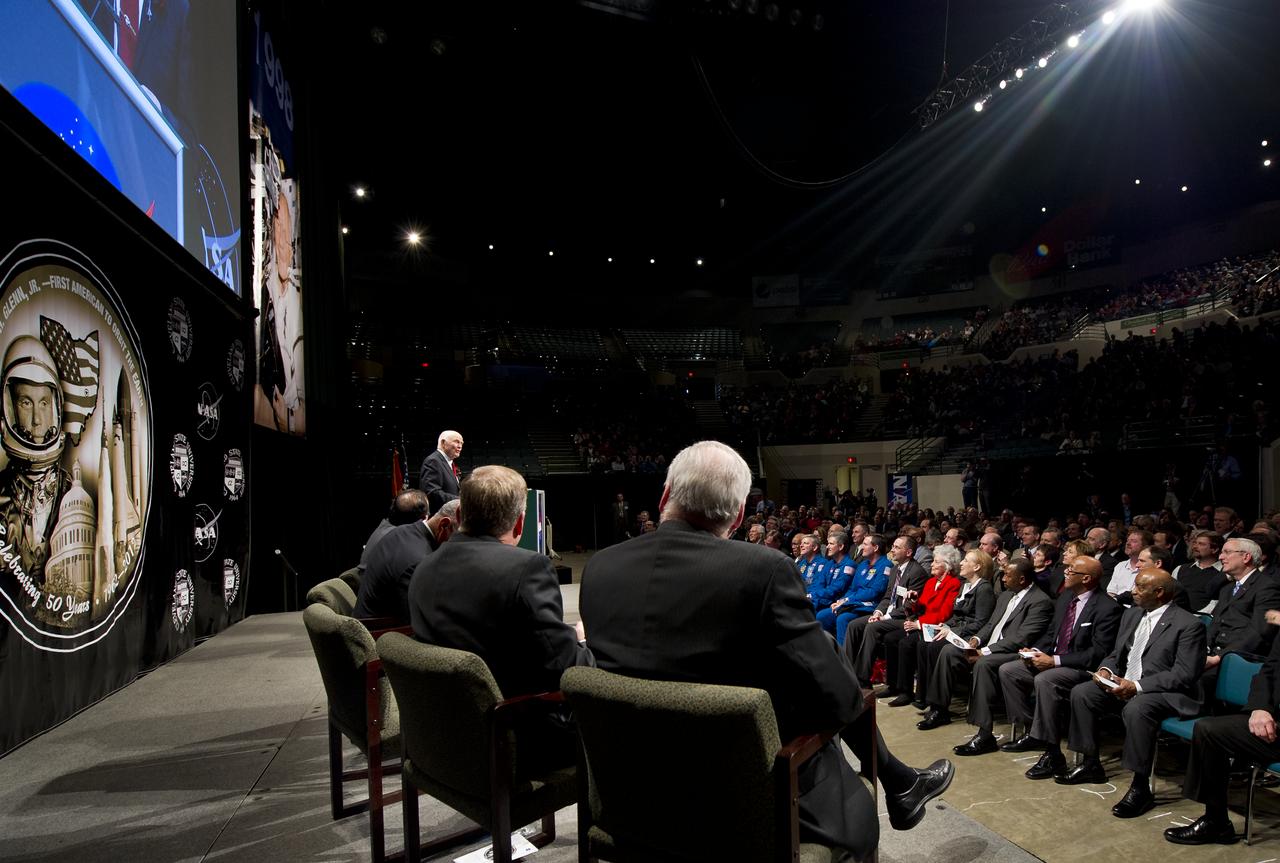 Sen. John Glenn gives remarks at an event celebrating his legacy and 50 years of americans in orbit held at the Cleveland State University Wolstein Center on Friday, March 3, 2012 in Cleveland, Ohio. Glenn became the first American to orbit Earth in 1962.  Photo Credit: (NASA/Bill Ingalls)