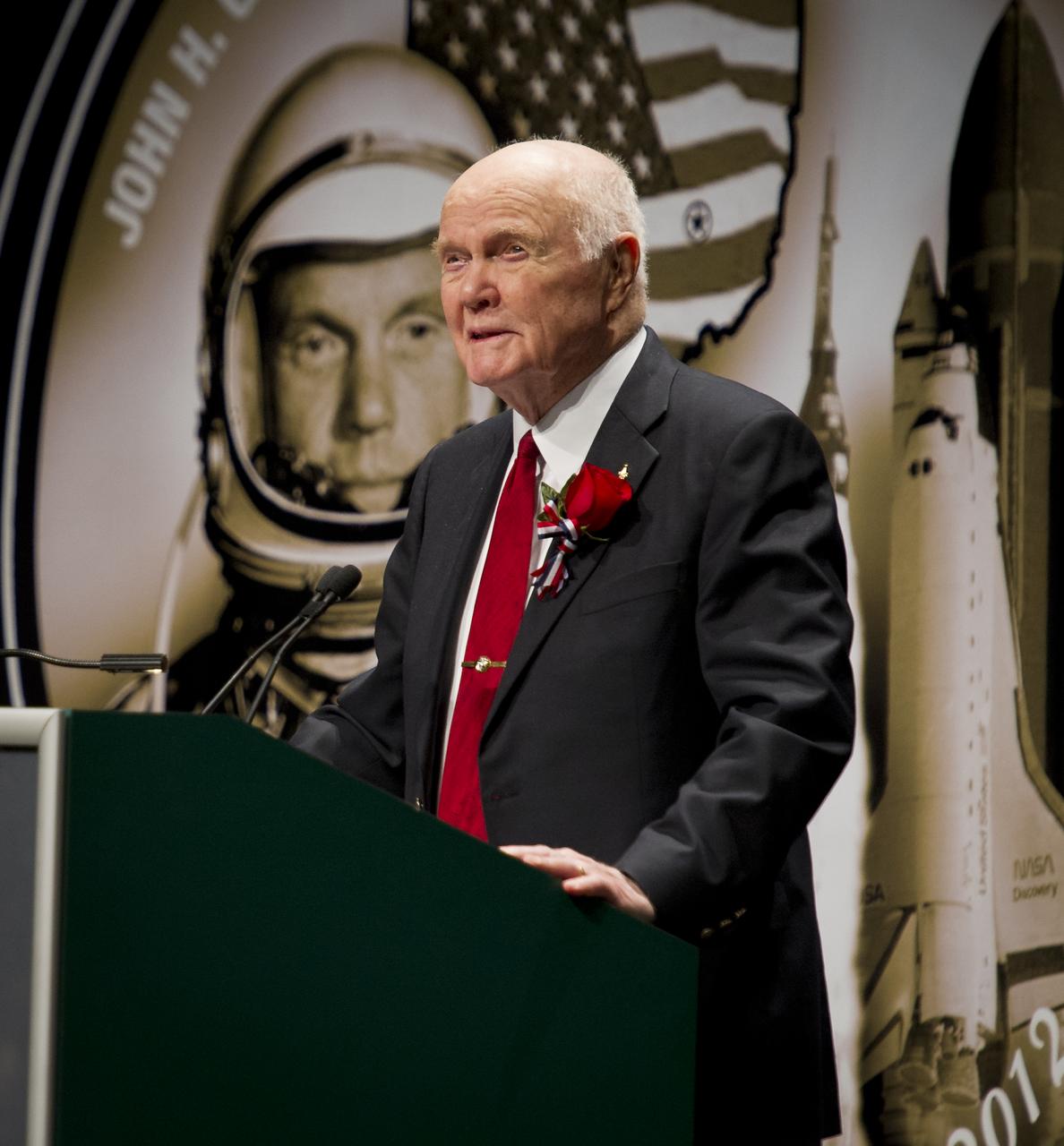 Sen. John Glenn gives remarks at an event celebrating his legacy and 50 years of americans in orbit held at the Cleveland State University Wolstein Center on Friday, March 3, 2012 in Cleveland, Ohio. Glenn became the first American to orbit Earth in 1962.  Photo Credit: (NASA/Bill Ingalls)
