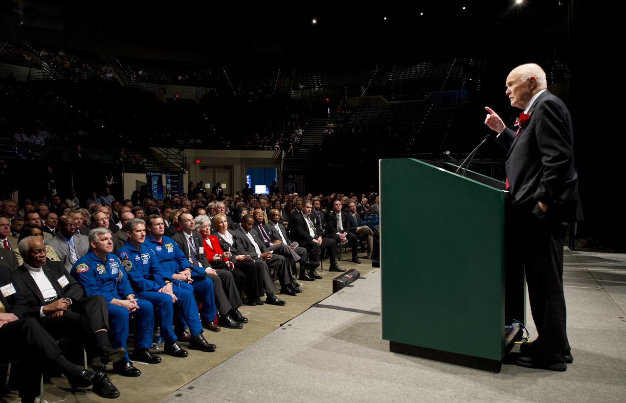Sen. John Glenn gives remarks at an event celebrating his legacy and 50 years of americans in orbit held at the Cleveland State University Wolstein Center on Friday, March 3, 2012 in Cleveland, Ohio. Glenn became the first American to orbit Earth in 1962.  Photo Credit: (NASA/Bill Ingalls)