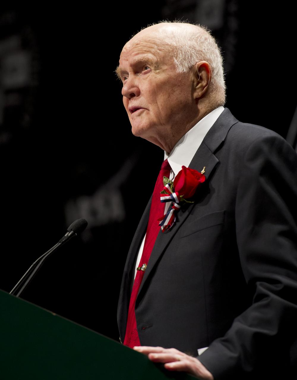 Sen. John Glenn gives remarks at an event celebrating his legacy and 50 years of americans in orbit held at the Cleveland State University Wolstein Center on Friday, March 3, 2012 in Cleveland, Ohio. Glenn became the first American to orbit Earth in 1962.  Photo Credit: (NASA/Bill Ingalls)