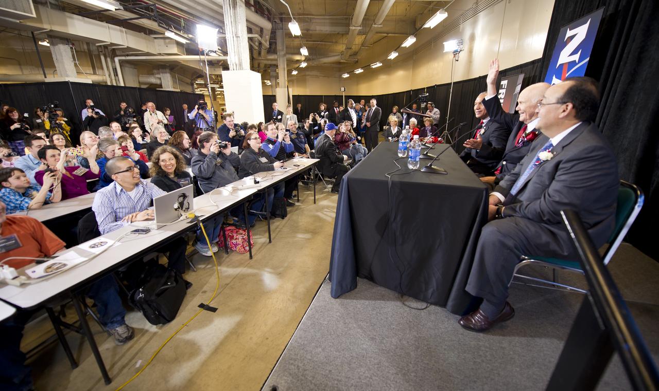 Sen. John Glenn waves to a group of media and Twitter users as he takes the stage with NASA Administrator Charles Bolden and NASA Glenn Research Center Director Ray Lugo, right, at a Tweetup event celebrating John Glenn's legacy and 50 years of americans in orbit held at the Cleveland State University Wolstein Center on Friday, March 3, 2012 in Cleveland, Ohio. Glenn became the first American to orbit Earth in 1962.  Photo Credit: (NASA/Bill Ingalls)