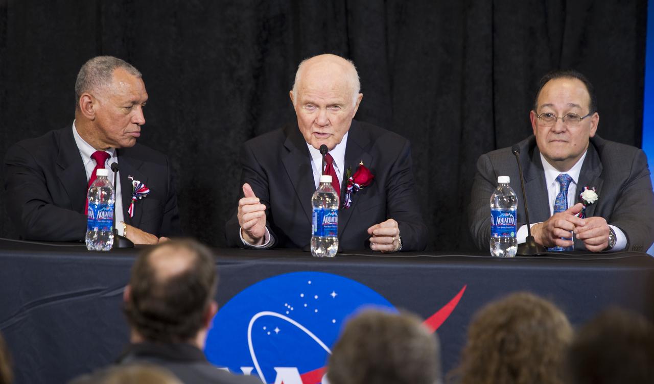 NASA Administrator Charles Bolden, left, Sen. John Glenn, and NASA Glenn Research Center Director Ray Lugo, right, answer questions at a NASA Tweetup event celebrating John Glenn's legacy and 50 years of americans in orbit held at the Cleveland State University Wolstein Center on Friday, March 3, 2012 in Cleveland, Ohio. Glenn became the first American to orbit Earth in 1962.  Photo Credit: (NASA/Bill Ingalls)