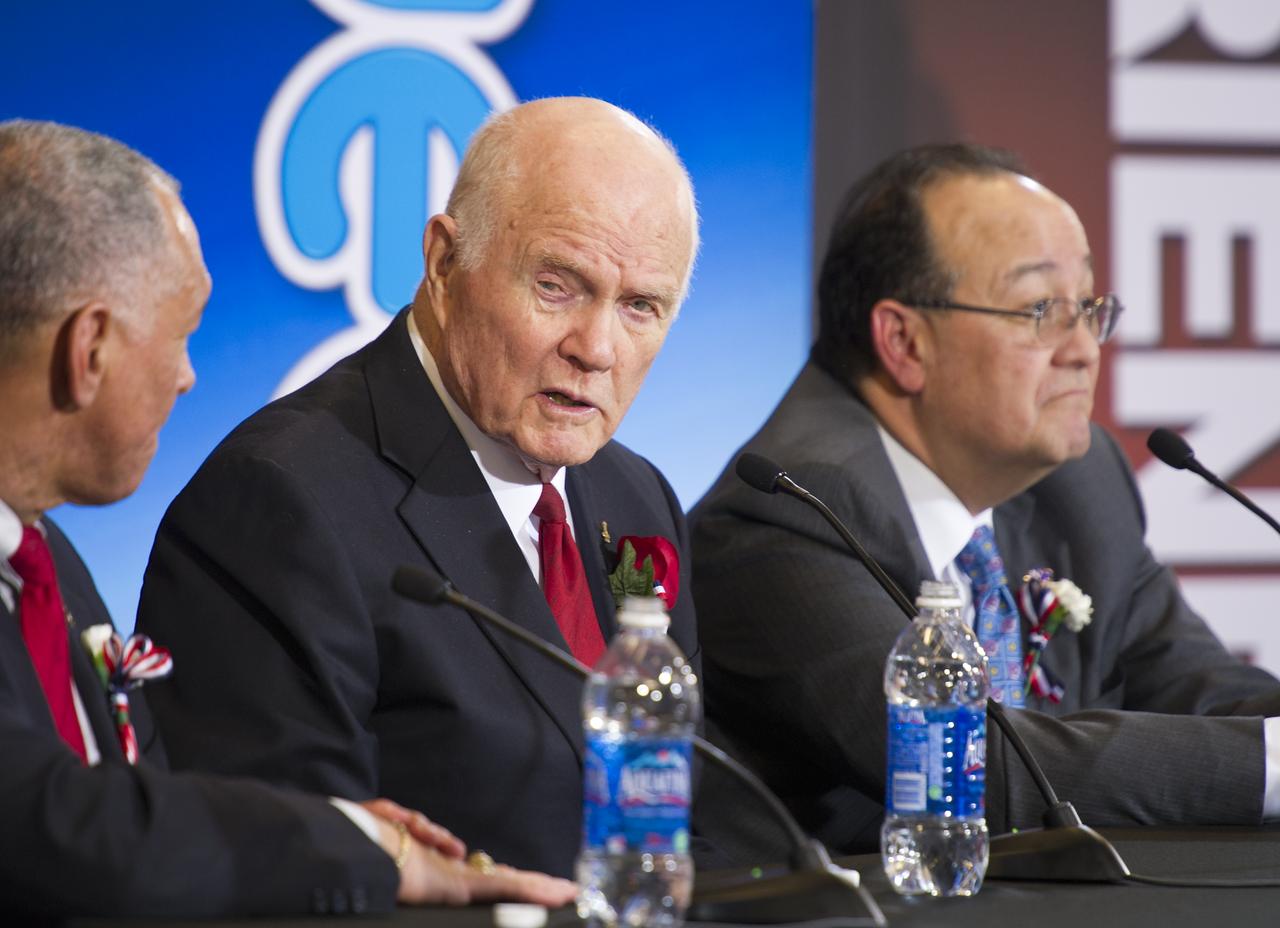 Sen. John Glenn answers questions at a NASA Tweetup event celebrating Glenn's legacy and 50 years of americans in orbit held at the Cleveland State University Wolstein Center on Friday, March 3, 2012 in Cleveland, Ohio. Glenn became the first American to orbit Earth in 1962.  Photo Credit: (NASA/Bill Ingalls)