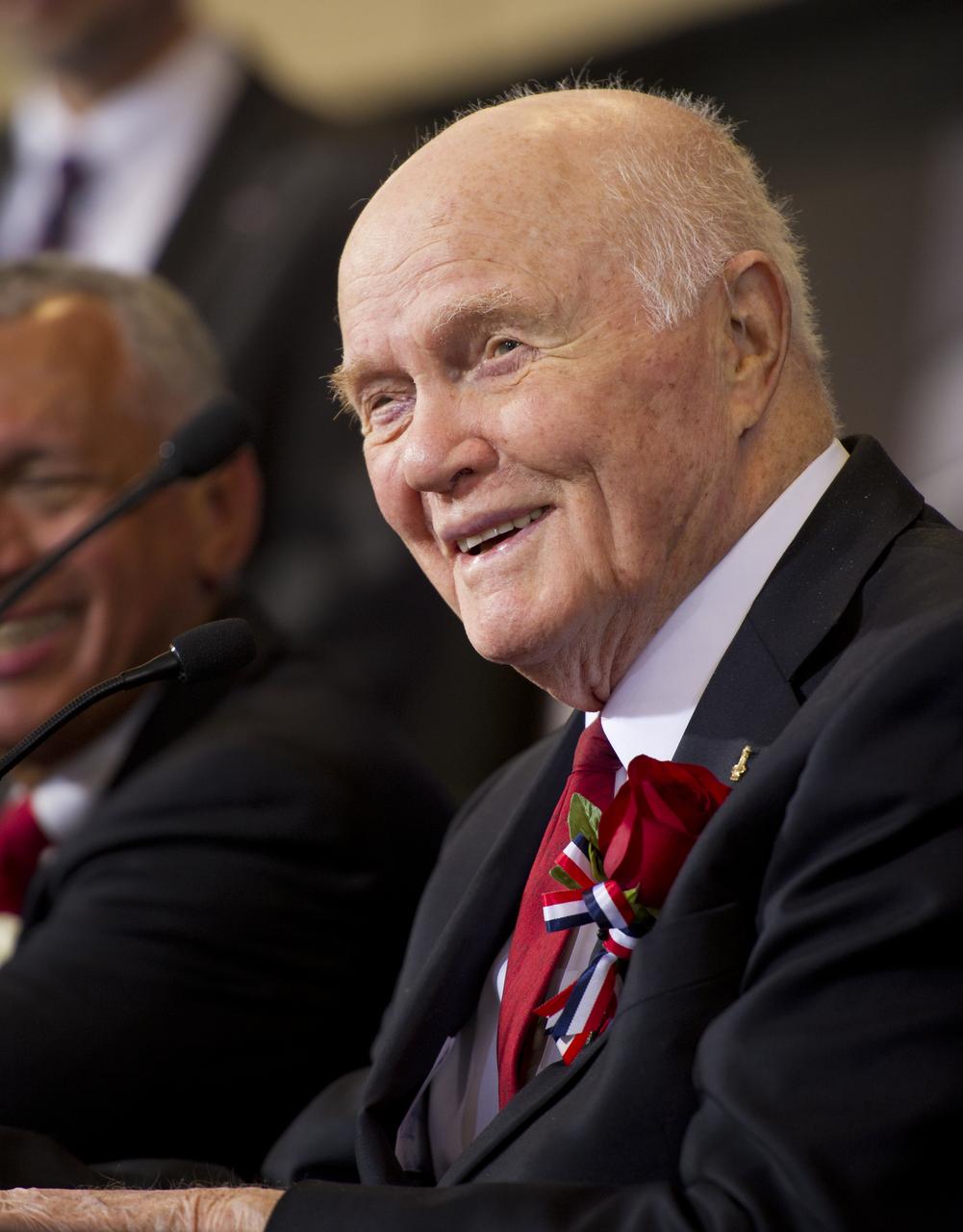 Sen. John Glenn listens to a question at a NASA Tweetup event celebrating Glenn's legacy and 50 years of americans in orbit held at the Cleveland State University Wolstein Center on Friday, March 3, 2012 in Cleveland, Ohio. Glenn became the first American to orbit Earth in 1962.  Photo Credit: (NASA/Bill Ingalls)