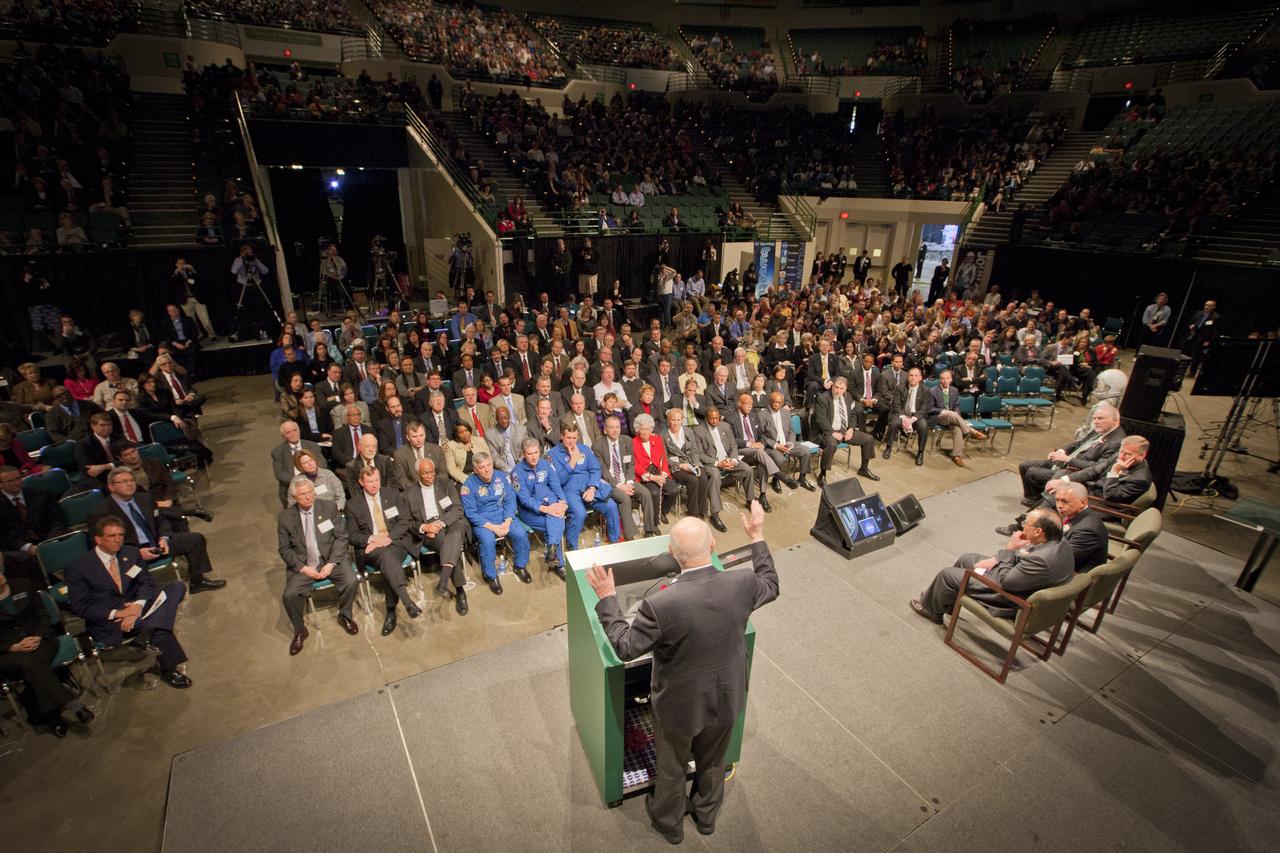 Sen. John Glenn gives remarks at an event celebrating his legacy and 50 years of americans in orbit held at the Cleveland State University Wolstein Center on Friday, March 3, 2012 in Cleveland, Ohio. Glenn became the first American to orbit Earth in 1962.  Photo Credit: (NASA/Chris Lynch)