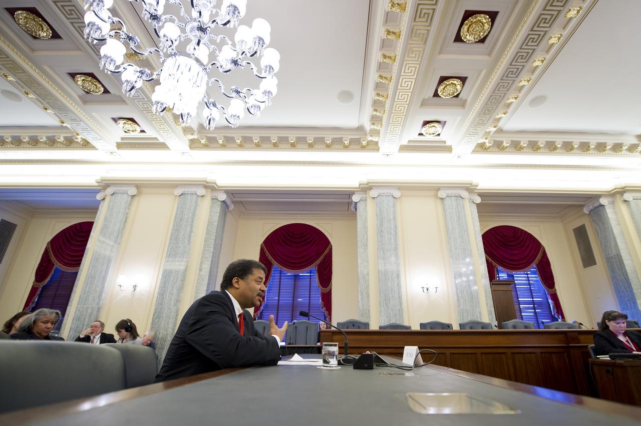 Astrophysicist, American Museum of Natural History and Director, Hayden Planetarium Dr. Neil deGrasse Tyson testifies during a U.S. Senate Committee on Commerce, Science, and Transportation hearing on Wednesday, March 7, 2012 in Washington.  NASA Administrator Charles Bolden testified at the same hearing prior to Tyson.  Photo Credit: (NASA/Bill Ingalls)
