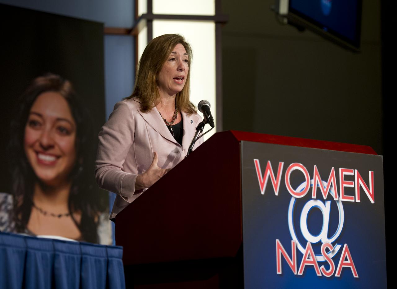 NASA Deputy Administrator, Lori Garver, gives the keynote address at the Women, Innovation and Aerospace event celebrating Women's History Month at the George Washington University Jack Morton Auditorium, Thursday, March 8, 2012 in Washington.  The WIA day-long event will help to foster a discussion for students and early career professionals about how to continue to encourage women to enter and succeed in the field of aerospace.  Photo Credit:  (NASA/Carla Cioffi)